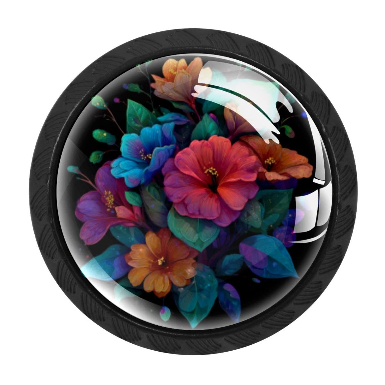 CHENZZZZ 4 Pieces Colorful Flowers with Leaves (8) Drawer Knobs, 35mm Black Kitchen Cabinet Knobs, Drawer Pulls and Knobs, Glass Cabinet Hardware Single Hole Knob for Cabinets and Drawers Round