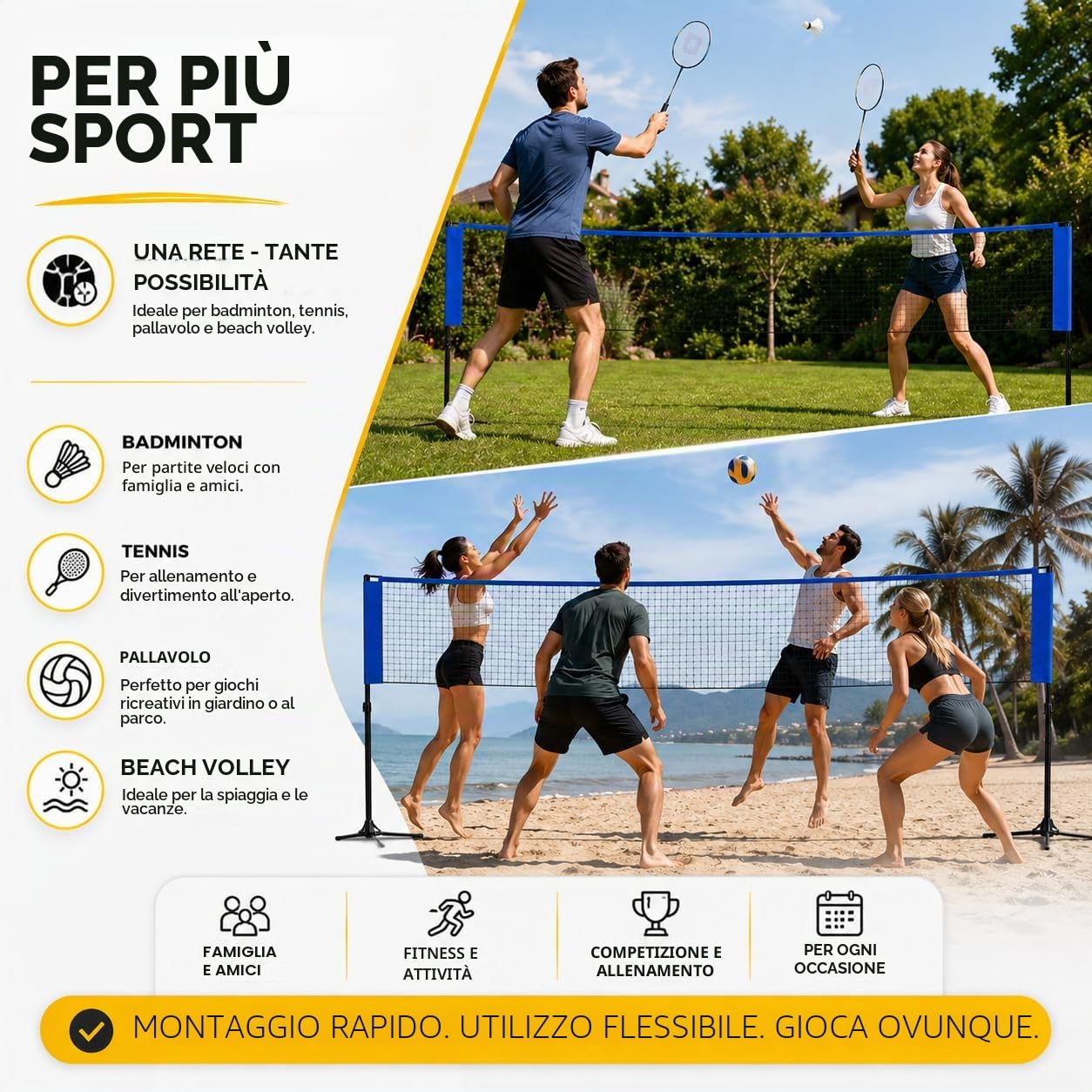 Rete da badminton pieghevole da 3,1 m, con borsa per il trasporto e supporto regolabile in altezza, in nylon, 107/105/150 cm, per volano, tennis, pallavolo, beach volley, facile da montare e smontare