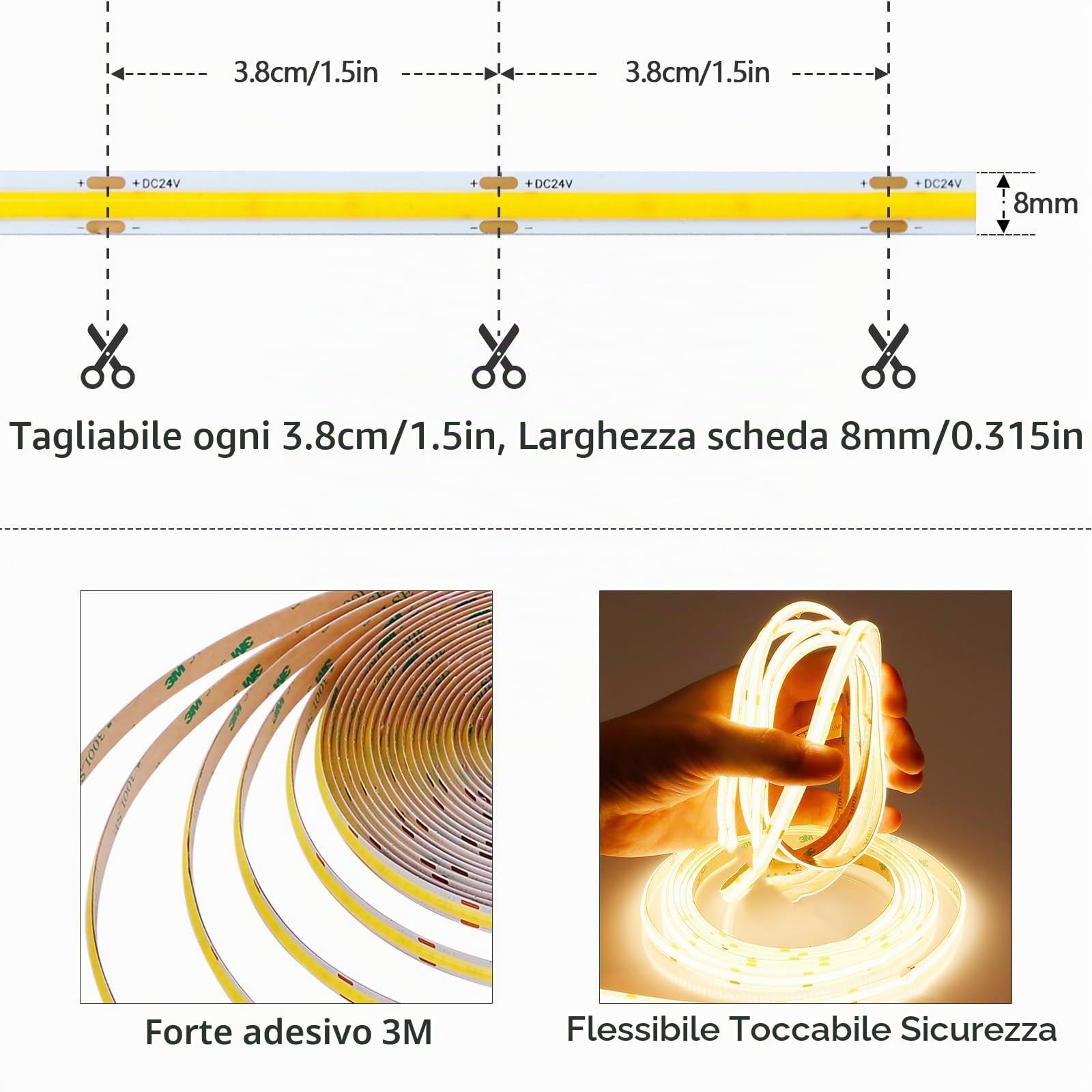 GOMING 24V 10M COB Striscia LED Bianco Caldo 3000K Dimmerabile 312LEDs/M | con Dimmer Alimentatore 24V 3A 72W CRI 93+ Non Impermeabile IP20 Flessibile Luci LED per Soggiorno Natale Bar Decorare