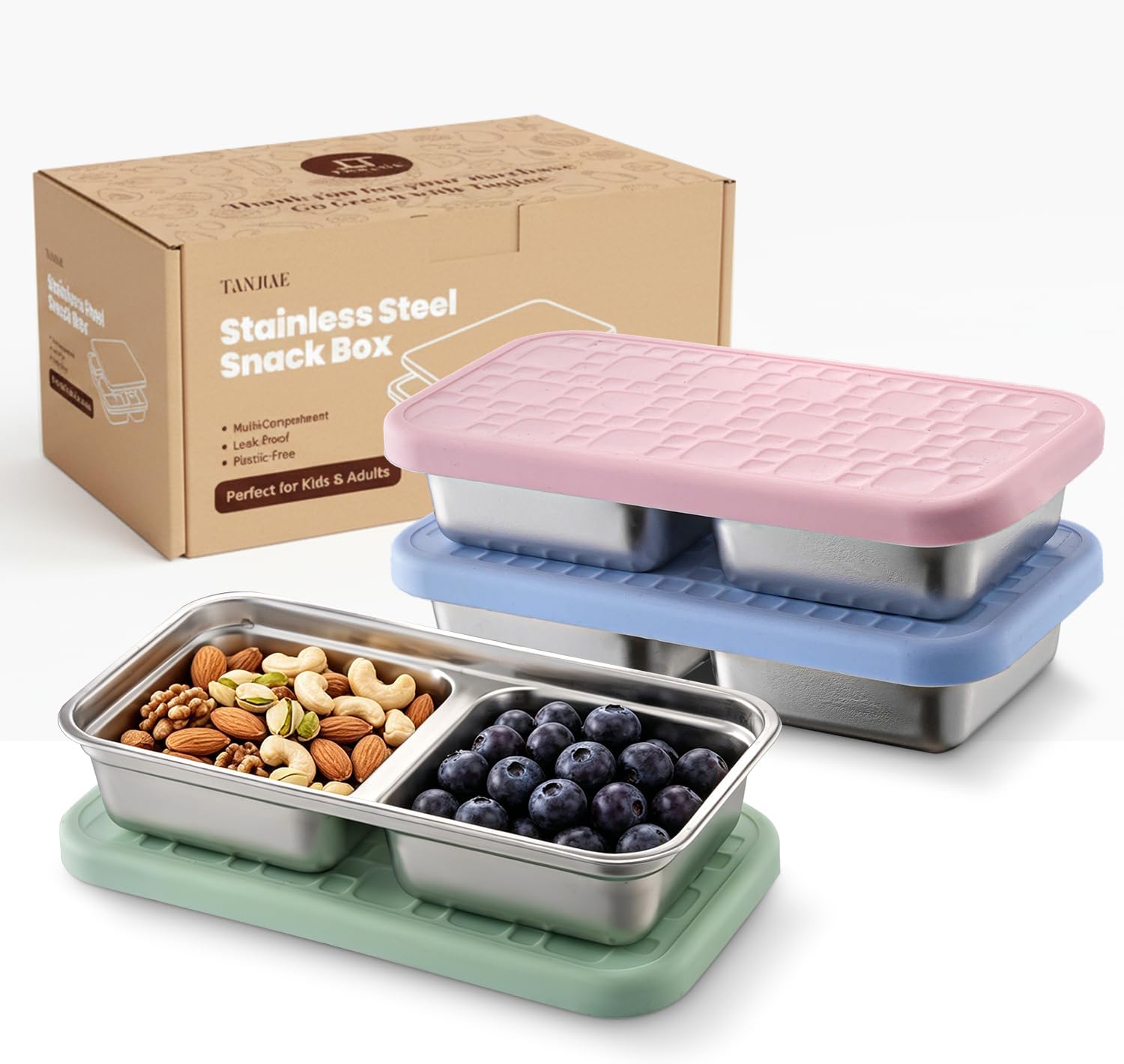 Tanjiae 10 oz Stainless Steel Snack Box for Kids & Toddlers, Multi-Compartment Small Leak Proof Food Containers with Silicone Lids - Reusable Metal Bento Box for Daycare, School, Travel, Camping