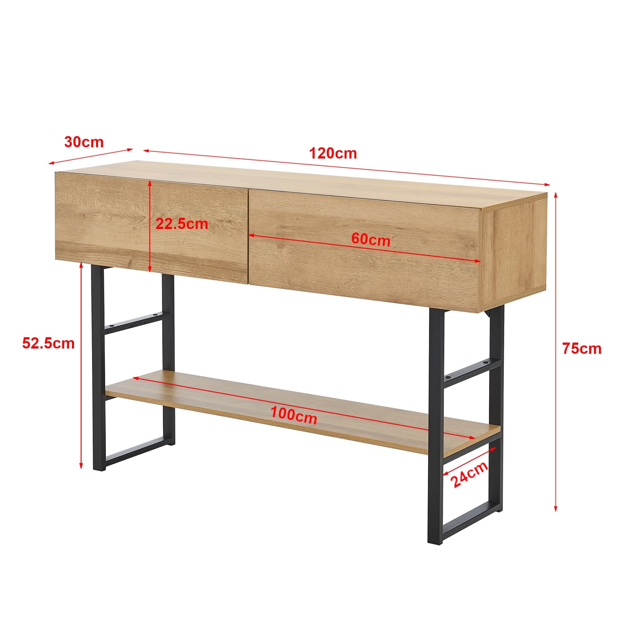 [en.casa] Table Console /d'Appoint Rectangulaire Design Industriel pour Salon Entrée Couloir avec 2 Tiroirs et Surface de Rangement Métal Panneau de Particules 75 x 120 x 30 cm Noir Effet Chêne