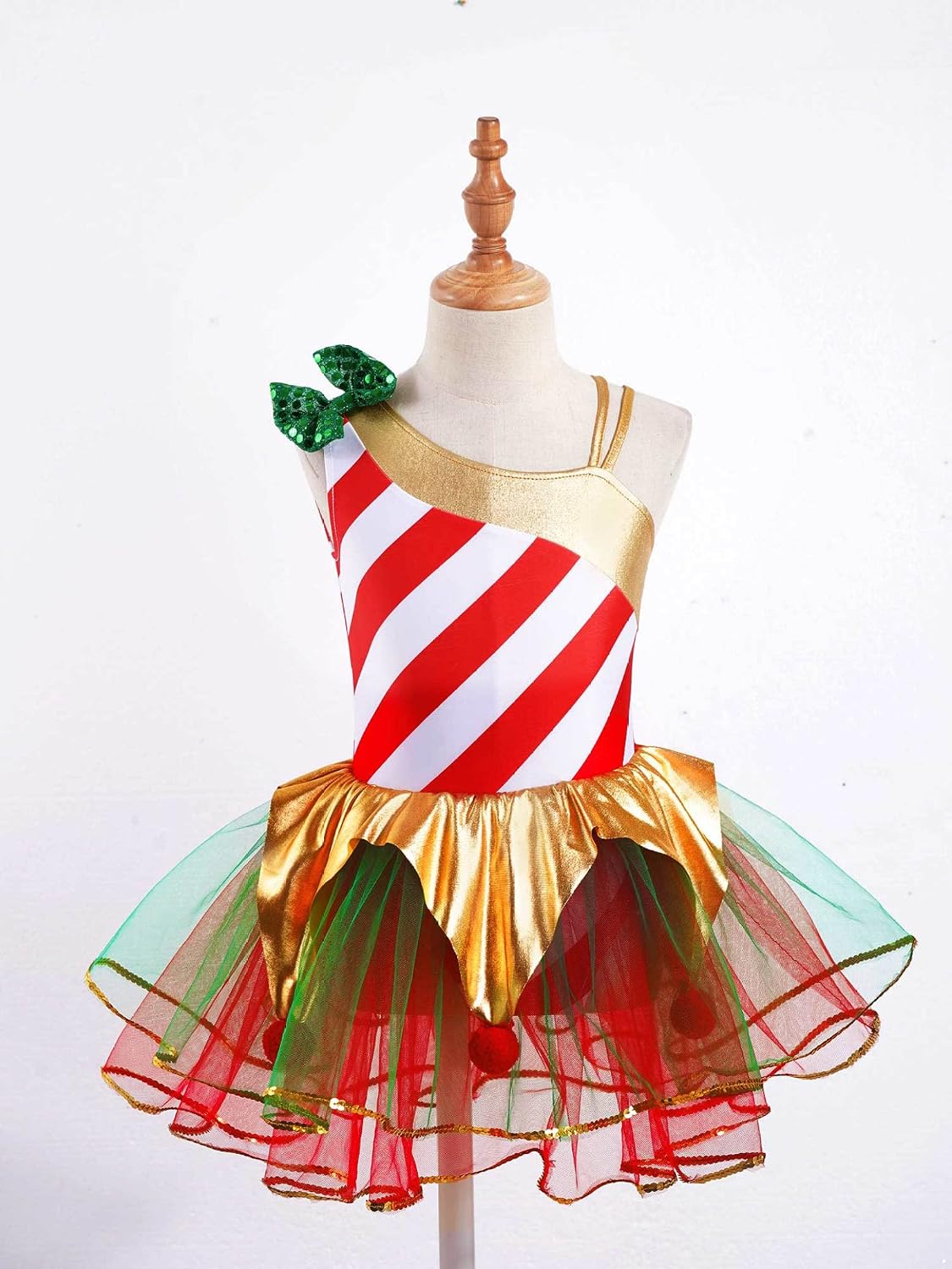 Kids Girls Candy Cane Christmas Dance Costume One Shoulder Figure Ice Skating Dress Leotard