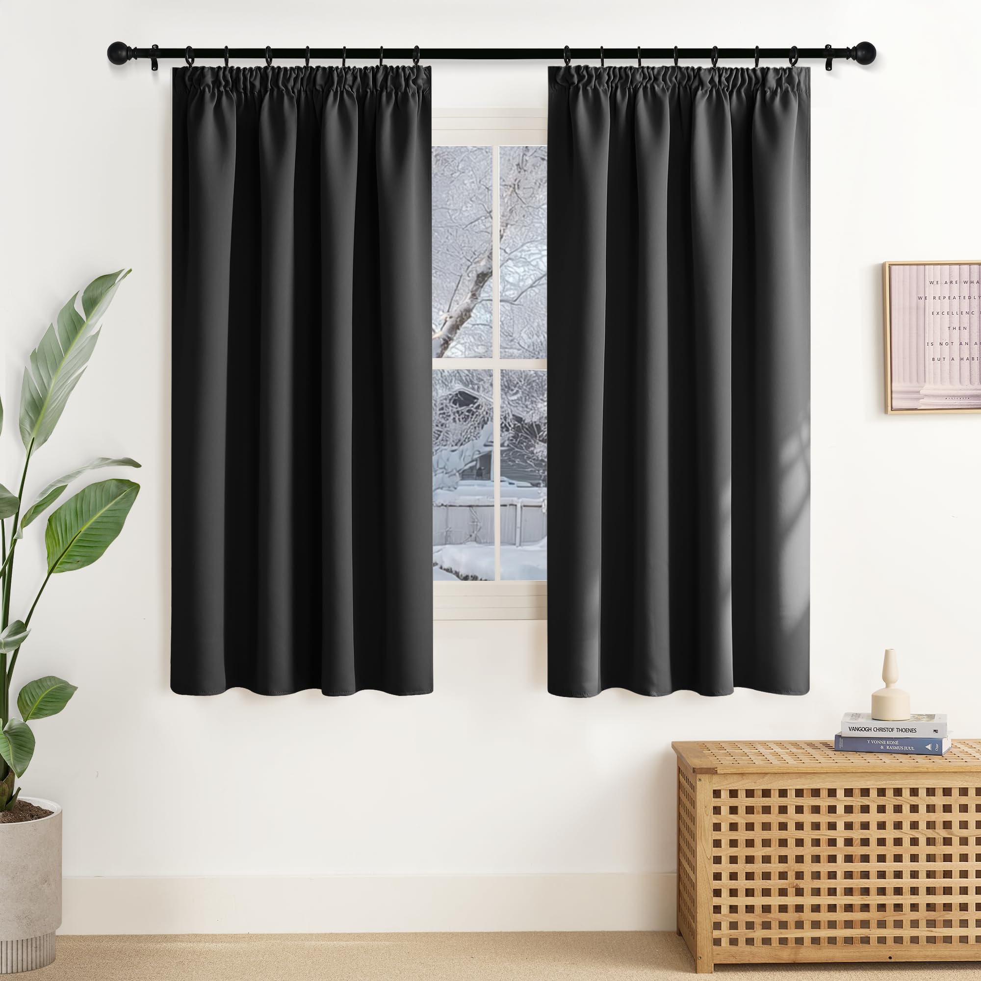 NICETOWN Blackout Curtain Short Black Curtains Opaque Bedroom Darkening Curtains Ruffle Tape Set of 2 137 x 140 cm (H x W) Thermal Curtain Heat Protection