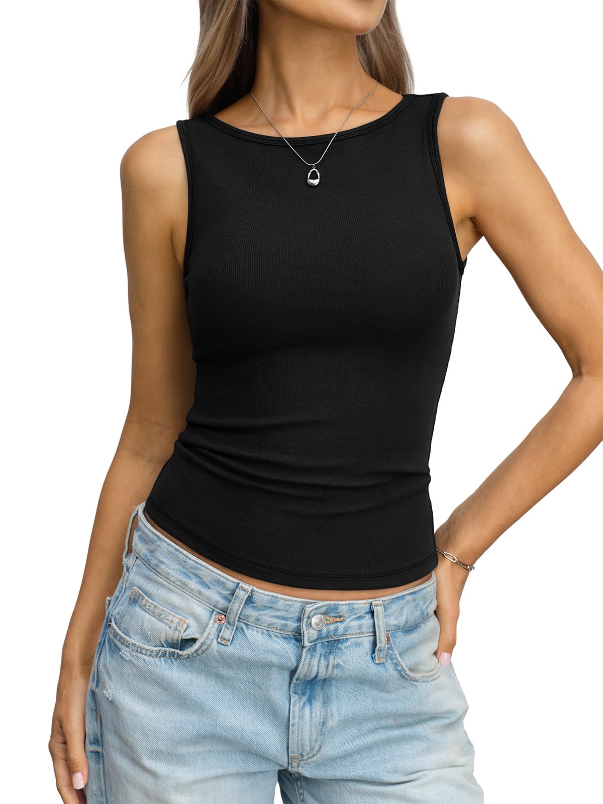 Women Cotton Ribbed Tank High Neck Sleeveless Shirts Basic Summer Going Out Top Cute Slim Fitted Clothes 2026