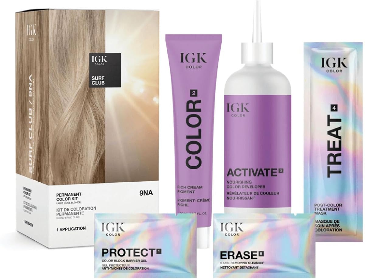 IGK Permanent Hair Dye Color Kit | 9NA Surf Club - Light Cool Blonde | 100% Gray Color Coverage + Strengthen + Shine | Ammonia Free | Salon-Quality At-Home Kit, Ammonia-Free, Strengthens + Adds Shine, Long-Lasting Color, Vegan + Cruelty-Free