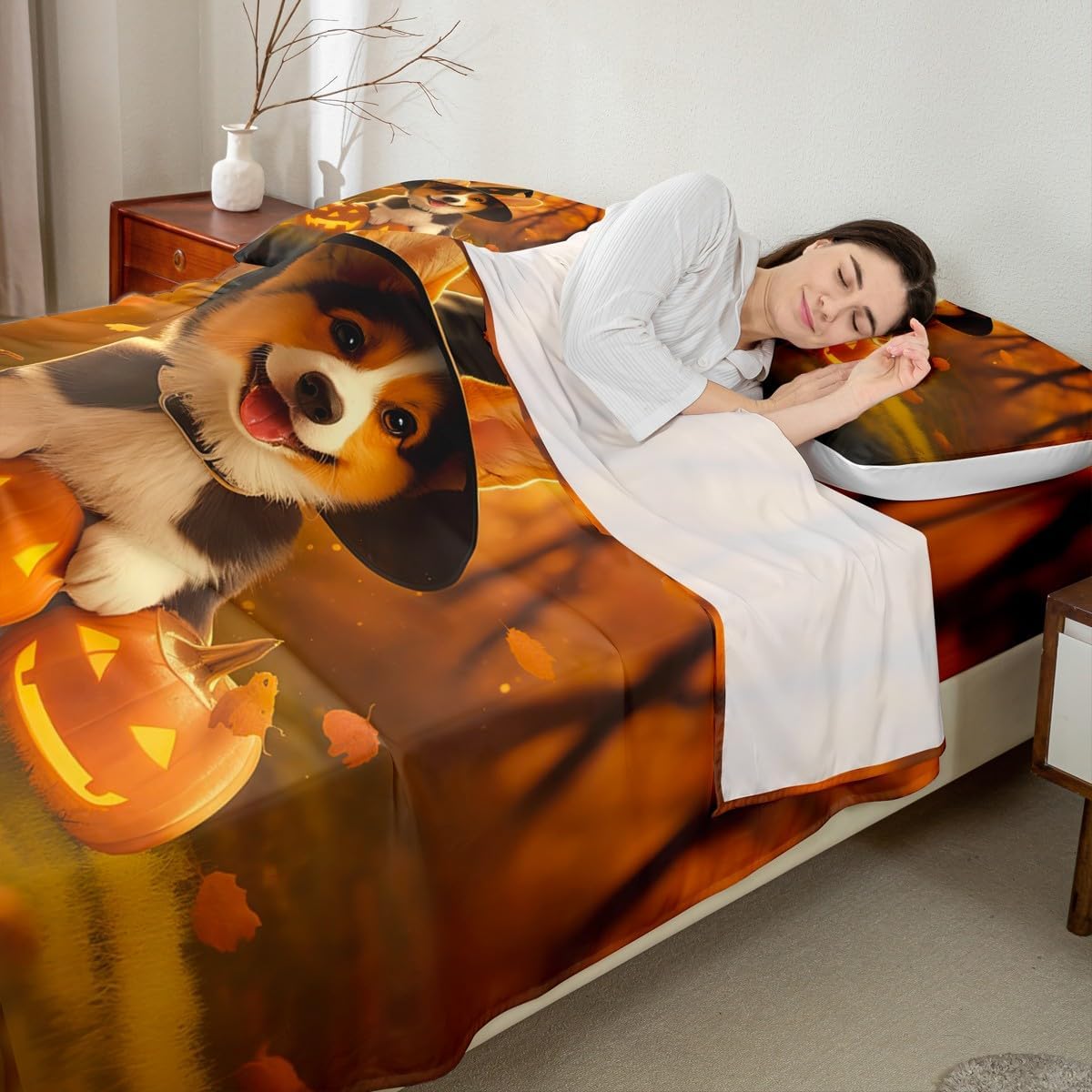 Eve of All Saint's Day Pumpkin Sheets with Deep Pocket Fitted Queen Size Halloween Themed Sheet Set Children Puppy with Witch's Hat Bed Set Room Decor Breathable Soft Microfiber All Season 3Pcs