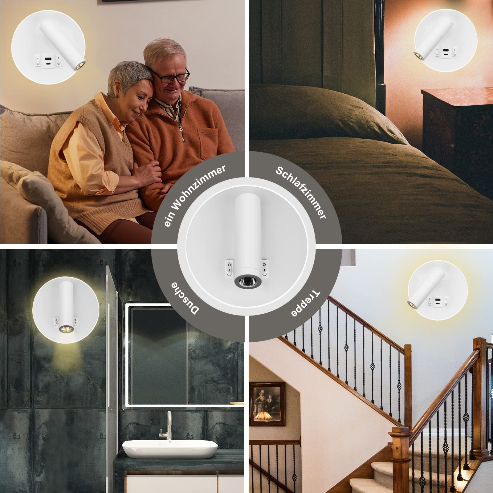 LED Lampada da Lettura USB Tipo-C Due Interruttore di Bocca di Carica Regolabile 12W LED Spotlight 3000K Lampada Da Parete In Alluminio Lampada Da Letto Rotabile (Tondo bianco)