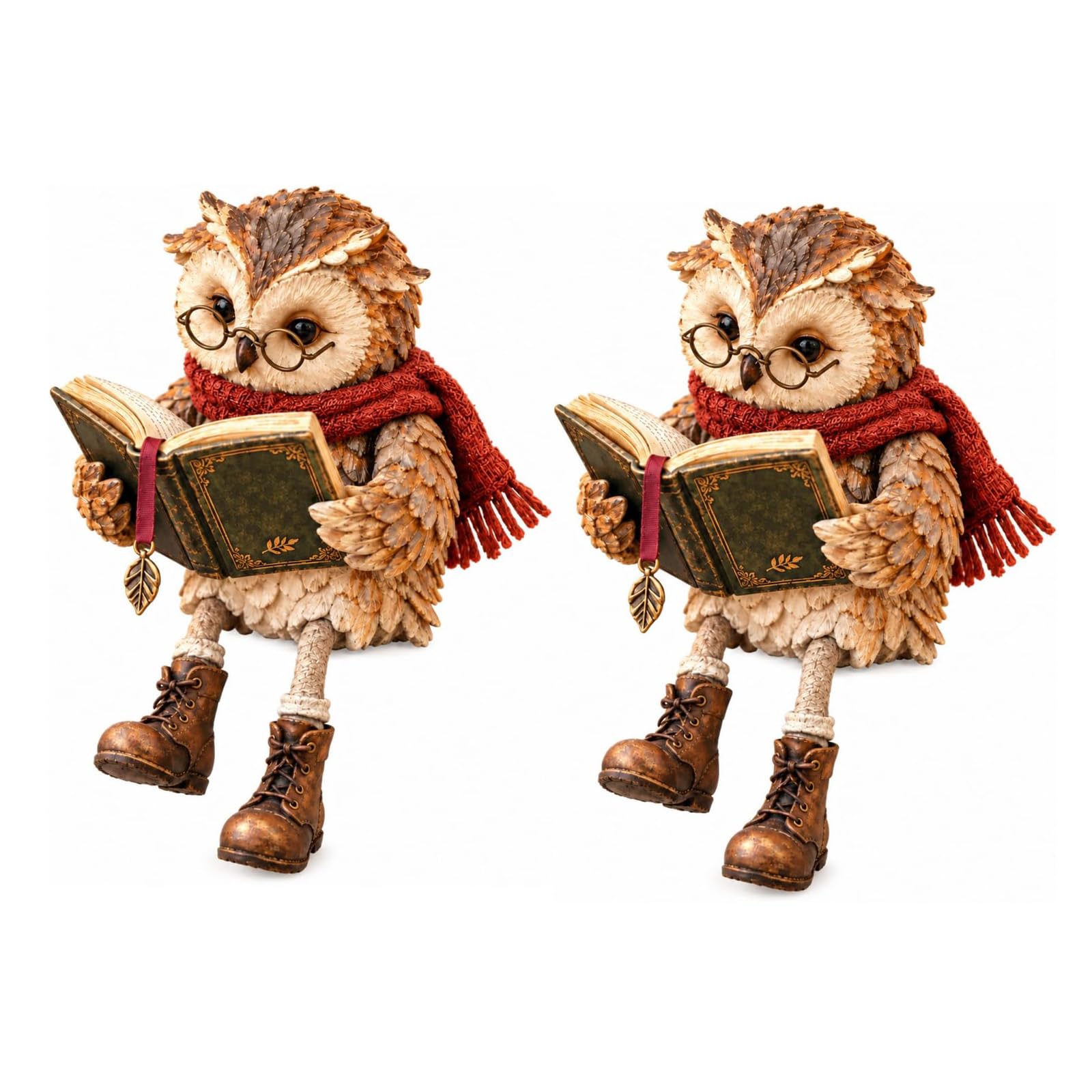 Reading Owl Figurine Owl Statue with Book Glasses Dangling Legs (2PCS)
