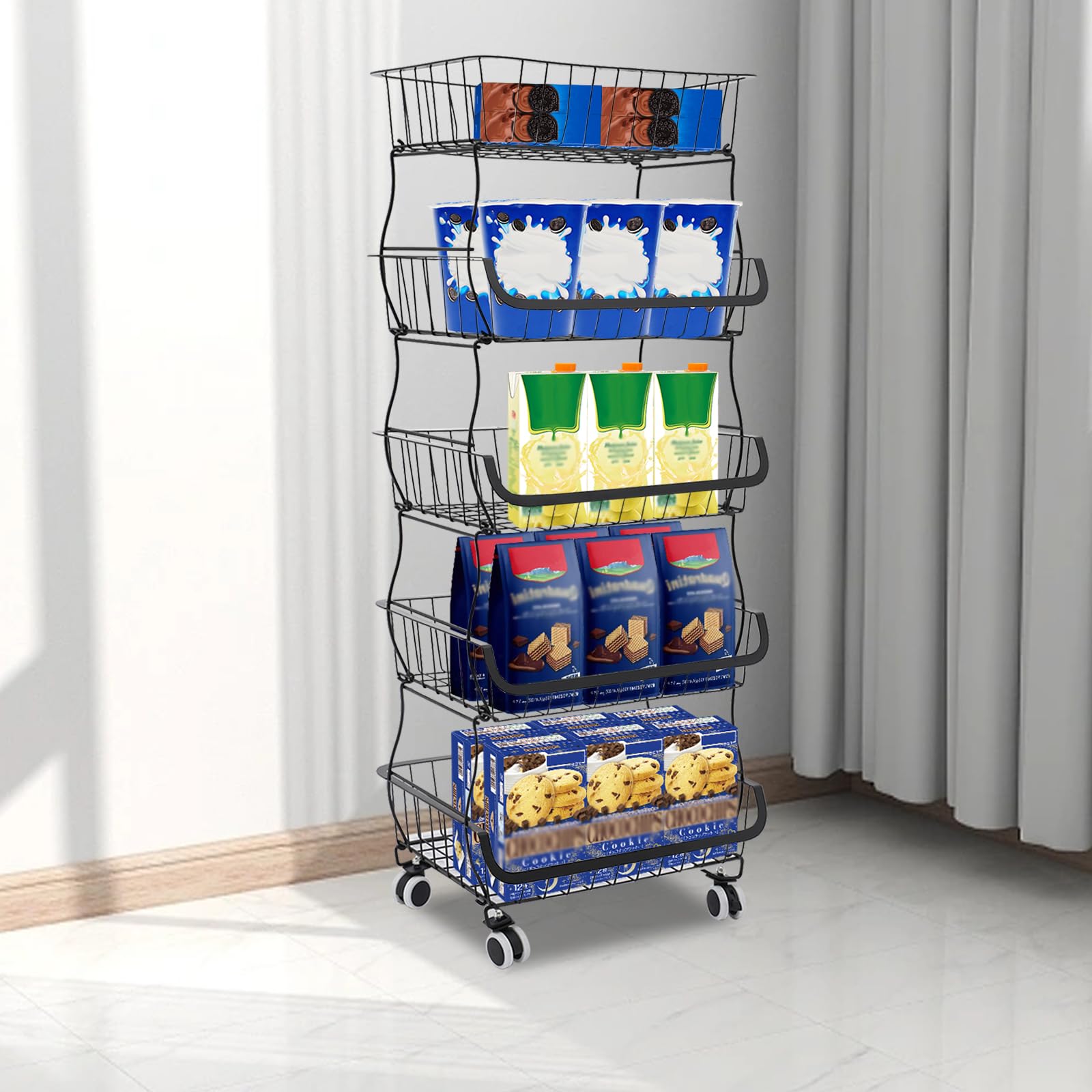 Carrito de cocina de 5 niveles, apilable, cesta de frutas, capacidad de carga de aproximadamente 22,05 libras, se puede mover a voluntad, diseño de rejilla y bandeja de recogida de agua, para colocar