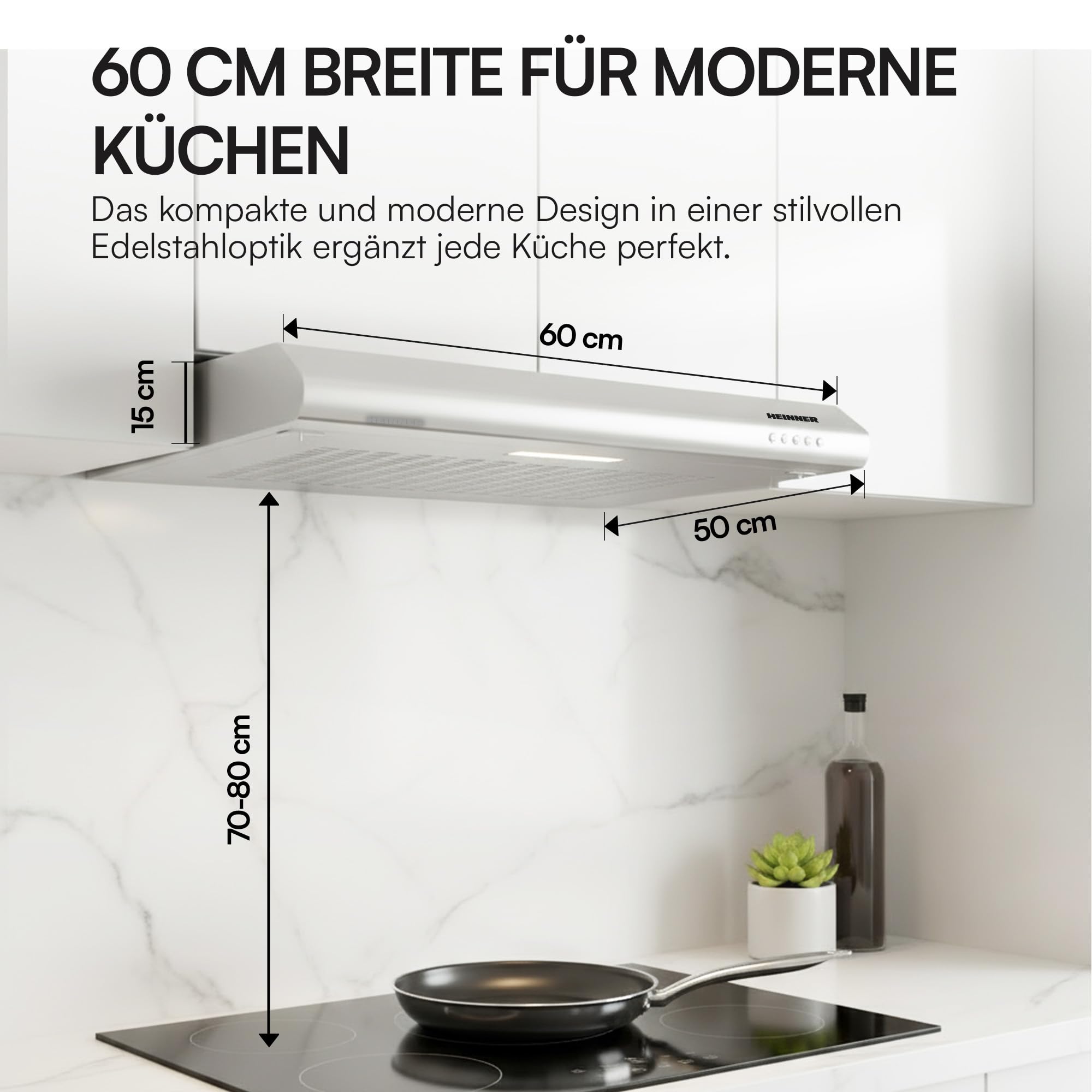 CH-201WH 60cm Edelstahl Unterschrank Dunstabzugshaube - 209,7 m³/h Absaugung, 3-Gang-Steuerung, LED-Licht, Aluminiumfilter, 5 Jahre Garantie (Silber)