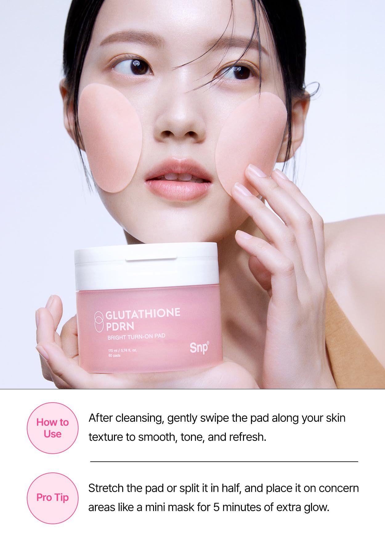 Snp PDRN Gesichtswasser mit 99 % Glutathion und Niacinamid, Behandlung von Hautunreinheiten, Peeling-Pad, LHA, PHA Akne-Pad, Bambus & Vitamin C, E, Ferulasäure, doppelseitiges Pflaster, Toner-Pads