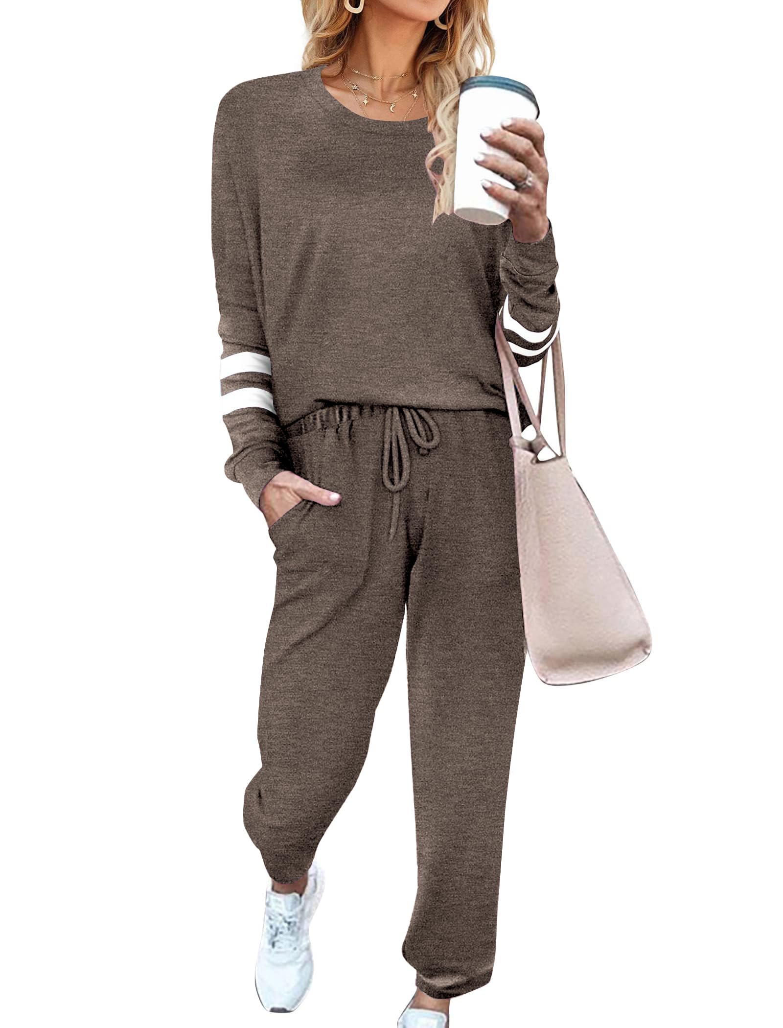 Ekouaer Sweatsuits Womens Loungewear Set Tracksuit Long Sleeve Pajamas Set | Soft &amp; Breathable, 2 Piece Outfits Lounge Sets with Pockets, Contrast Color, Casual Loose Style Pjs Jogging Set