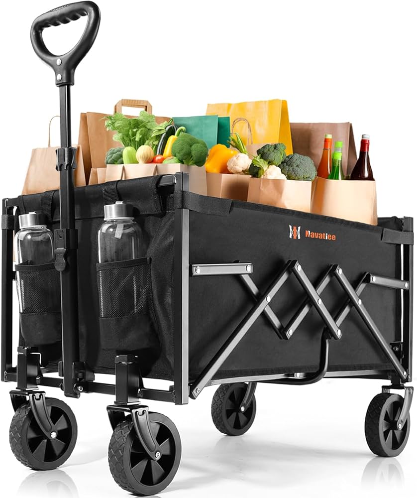 Foldable Collapsible Wagon Cart, Utility Garden Wagon with 220lbs Weight Capacity, Heavy Duty Lightweight Portable Sport Wagon for Outdoor, Grocery, Camping, Black