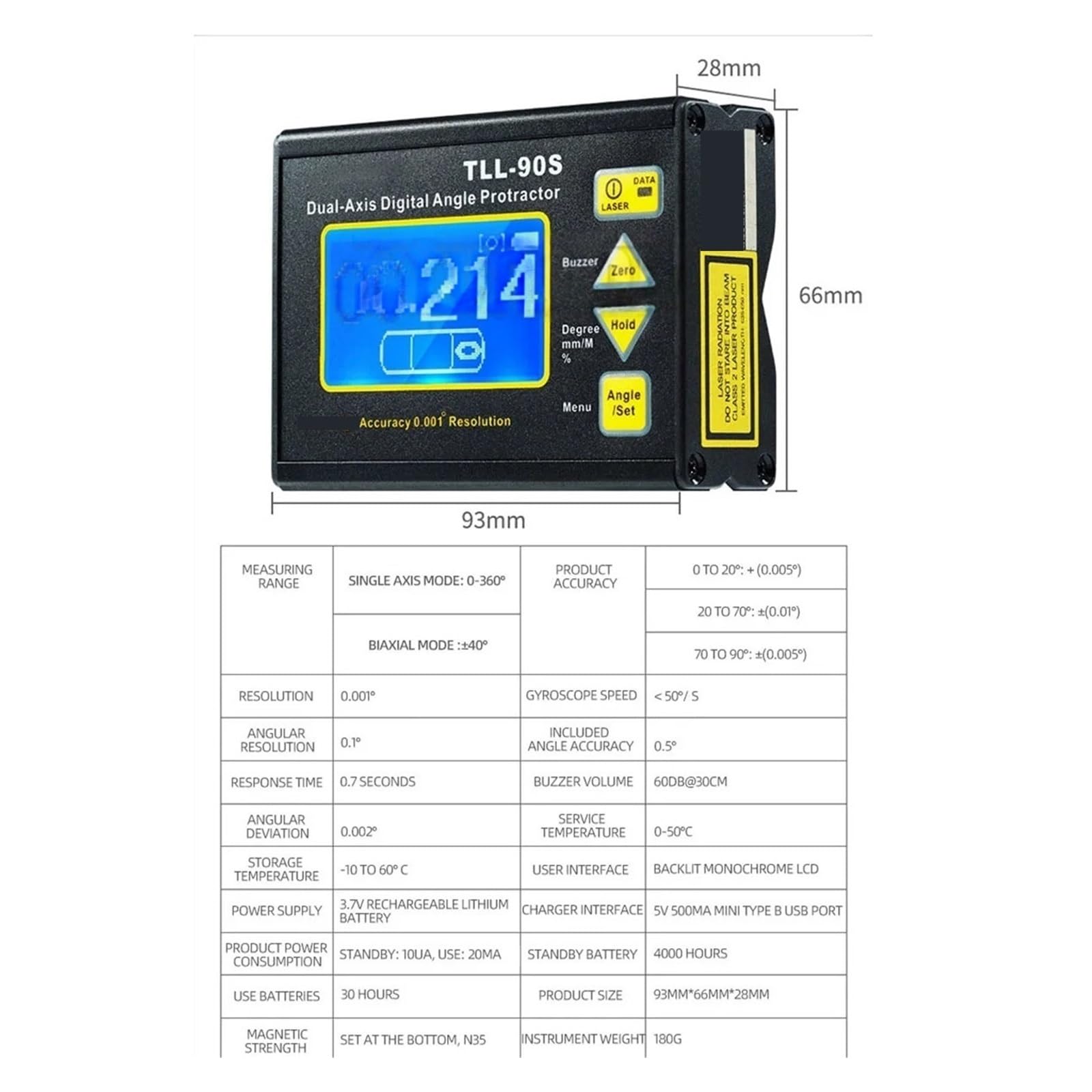 Nivel electrónico TLL-90S, inclinómetro digital de doble eje, herramientas de medición de nivelación, inclinómetro de precisión de 0,01°