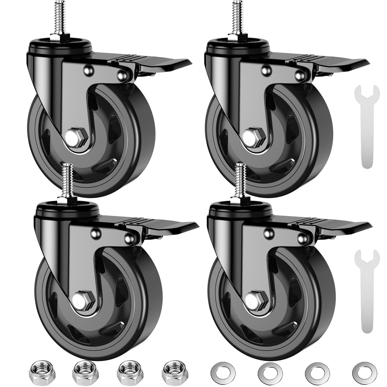 Sohnvwtgd Black-3/8"-16X1" Casters Set Of 4,3 Inch Threaded Stem Caster Wheels,3/8"-16 X 1(Stem Diameter 3/8",Stem Length 1"), Heavy Duty Caster Wheels With Brake, Locking Swivel Casters Black