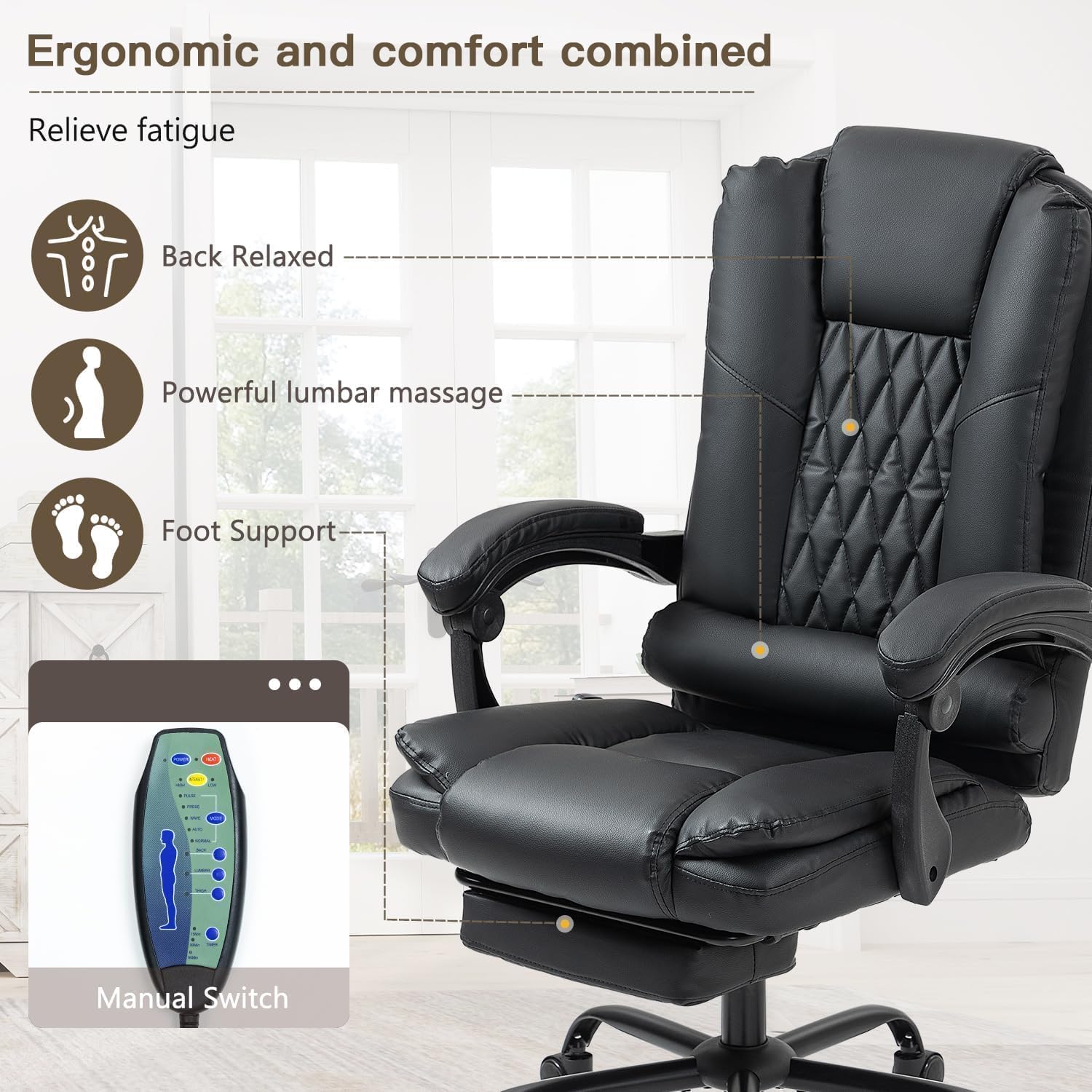 6-Point Heated Massage Office Chair with Footrest, Ergonomic Home Desk Chair with Lumbar Support, Executive High Back PU Leather Computer Chair with Armrest & Reclining, Black