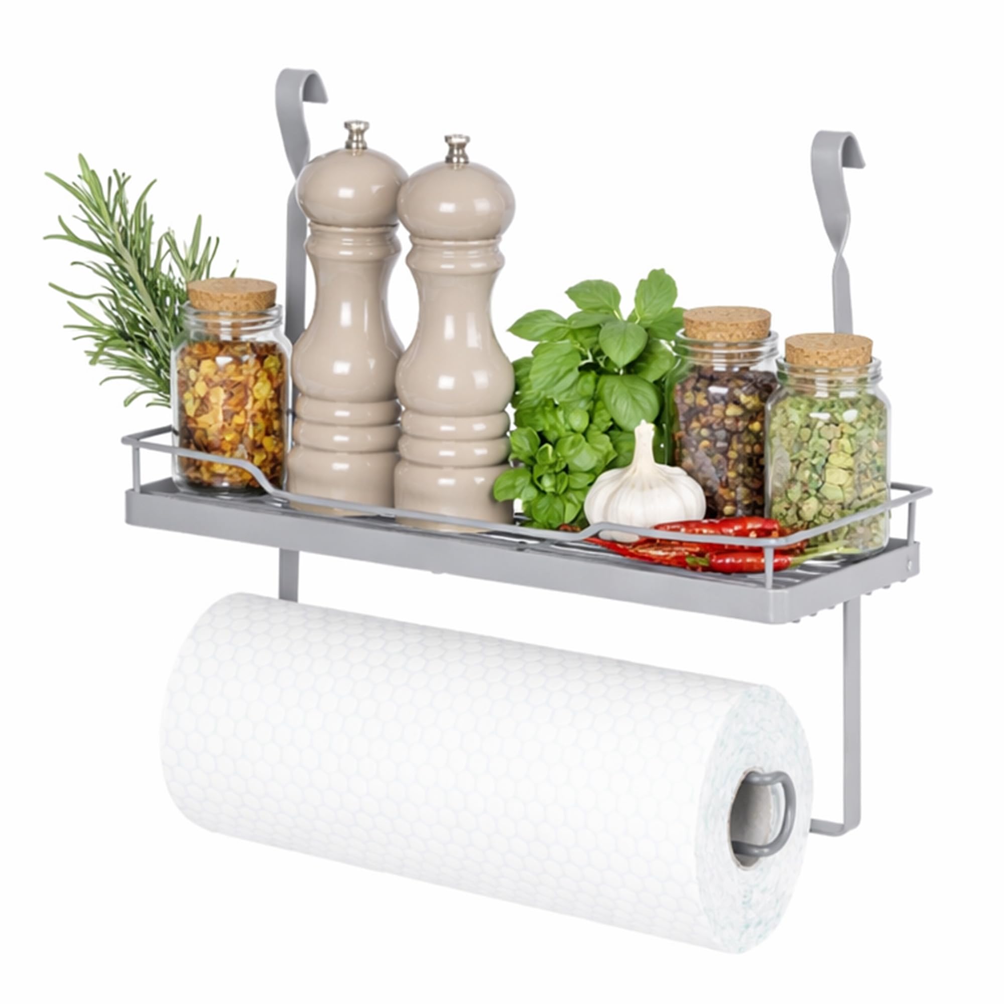 Livivo Grey Hanging Storage Kitchen Shelf & Paper Towel Holder Dish Plates Bowl Tumbler Glasses Utensil Cutlery Knives Pots Rack (Shelf & Paper Towel Holder, )