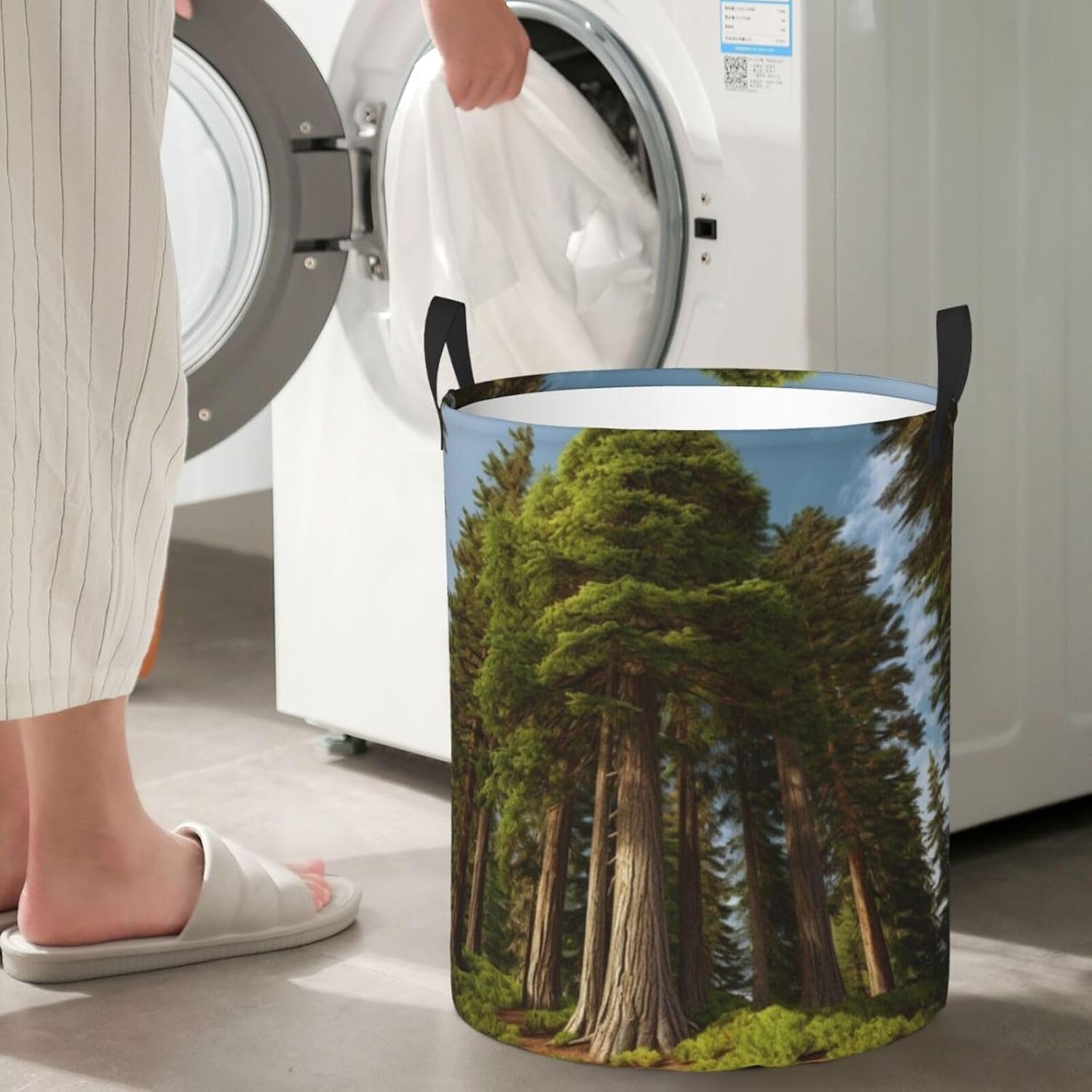 Nature Cedar print Circular Hamper Waterproof Storage Bin Organizer Basket Laundry Hamper With Handles For Clothes Toys Medium
