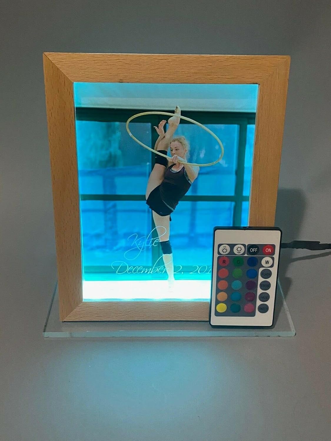 MIRROR MANIA Large Custom Free Standing Premium Wood Picture Photo Frame With Your Photo UV Printed LED 7" x 8.75" Table Light Personalized Laser Engraved With Remote, 16 Colors Changing - It's WOW