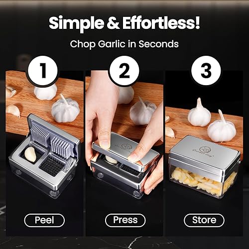 Miniatura 3 de Prensa de ajos de acero inoxidable, mini picadora de ajo y rebanadora súper fina 2 en 1, sin olor, con recipiente de almacenamiento, mini picadora