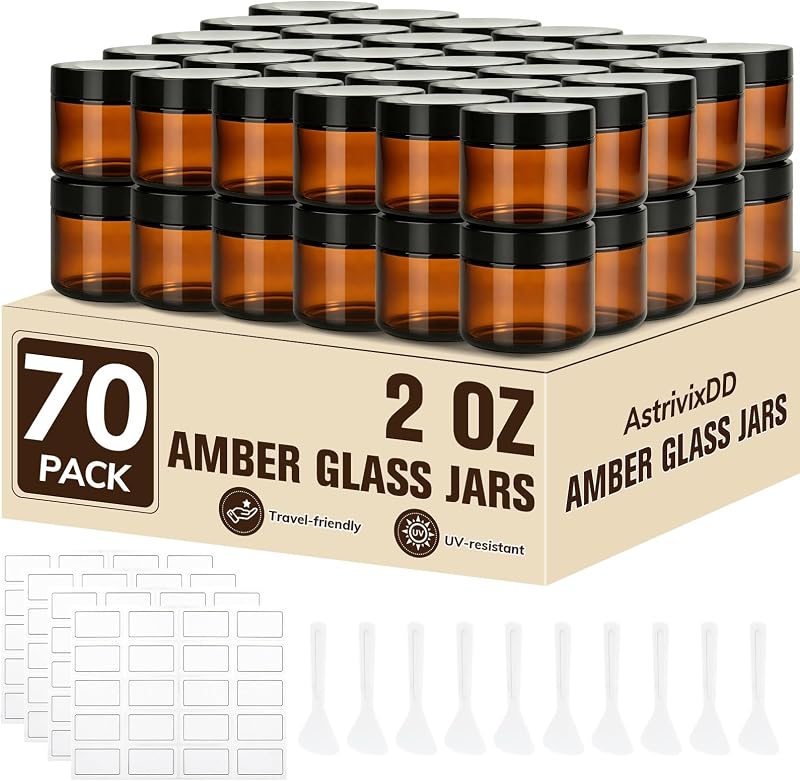 AstrivixDD 70 frascos de vidro âmbar com tampas, 60 mL, etiquetas e espátulas