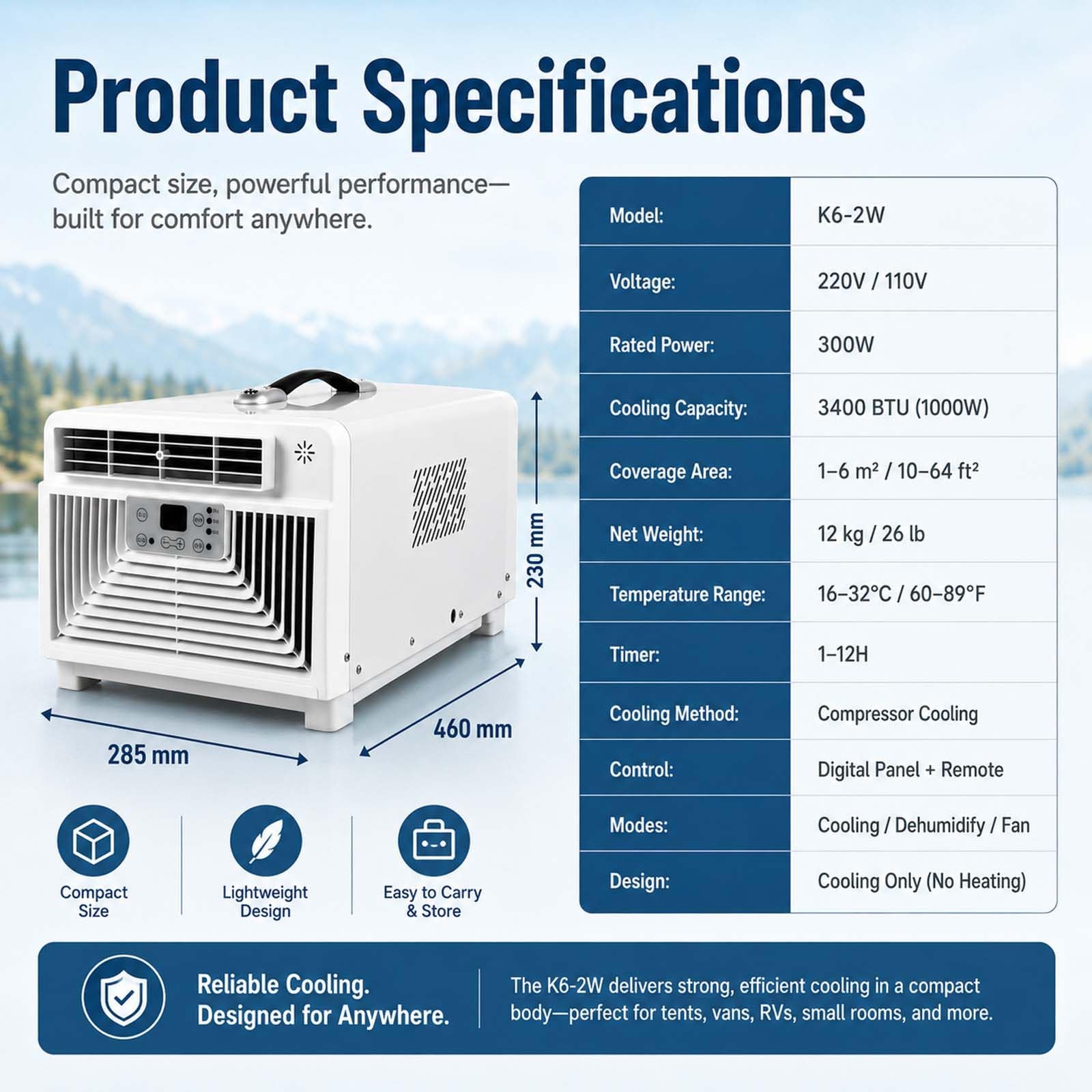 Aire Acondicionado Portátil, Cobertura de 6 M²; Solo Refrigeración 220V