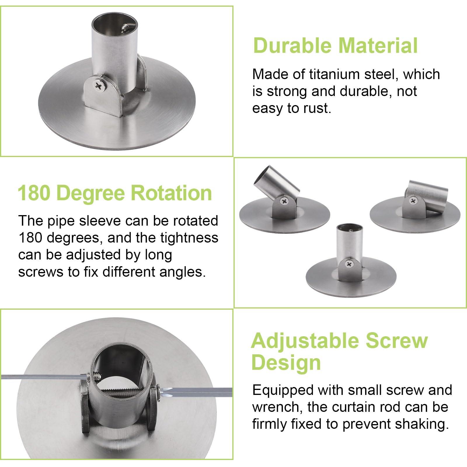 Lot de 2 supports de tringle à rideau de douche, 26 mm de diamètre intérieur en acier titane, avec bride pivotante unique, support mural avec vis (argenté)