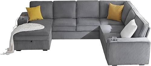 Miniatura 7 de AMERLIFE Sofá en forma de U de 112 pulgadas, sofá de gran tamaño con diván de almacenamiento y portavasos, sofá modular con puertos de carga USB y