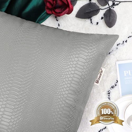 Miniatura 5 de BRAWARM Almohadas de cuero gris de 12 x 20 pulgadas, fundas de almohada de piel de serpiente, fundas de almohada lumbares decorativas de piel
