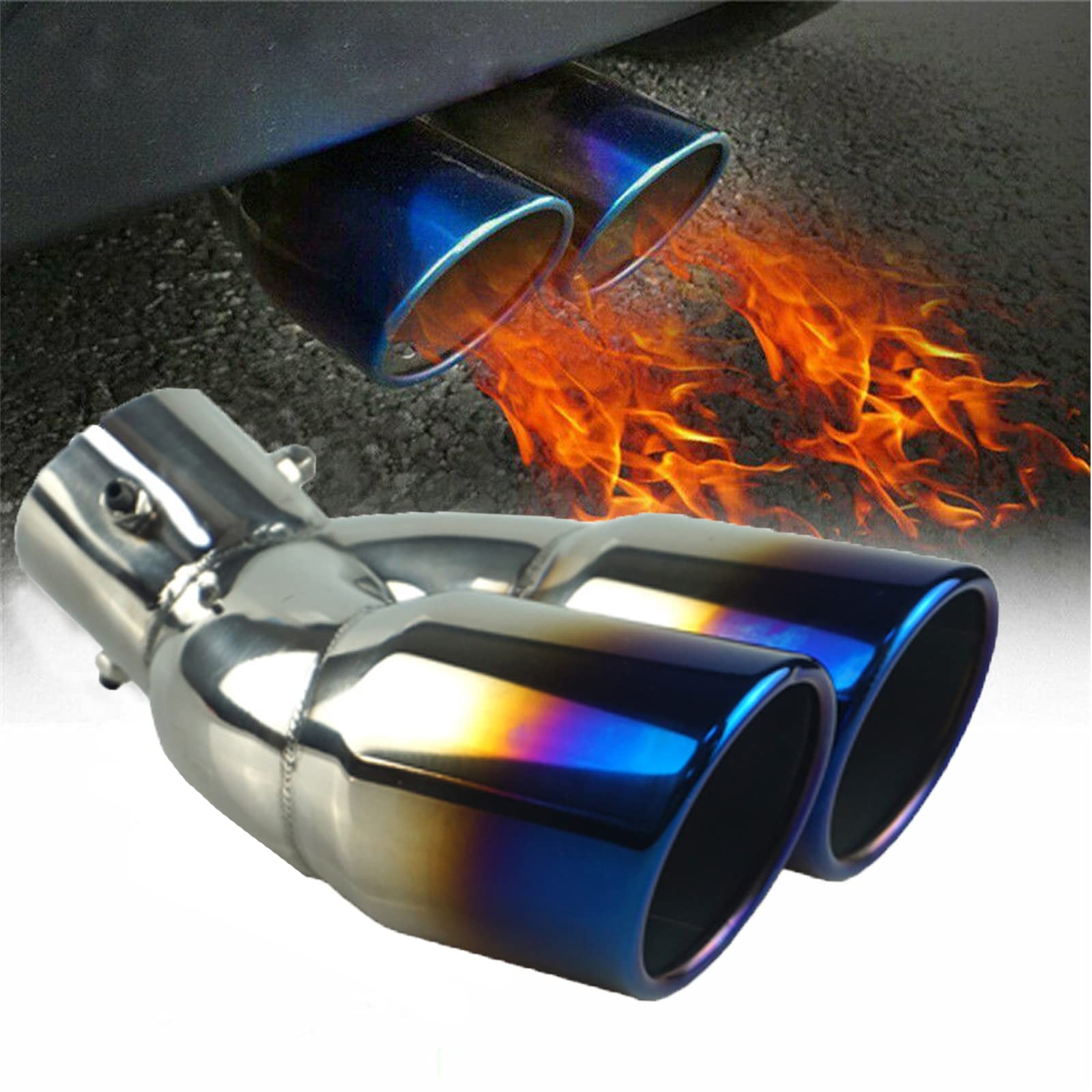 Vechkom2.5 Inlet Dual Exhaust Tips Blue curved Stainless Steel Car Tail Pipe 3" Outlet Car Muffler Adjustable For Most Vehicles Exterior Rear Tip Pipe