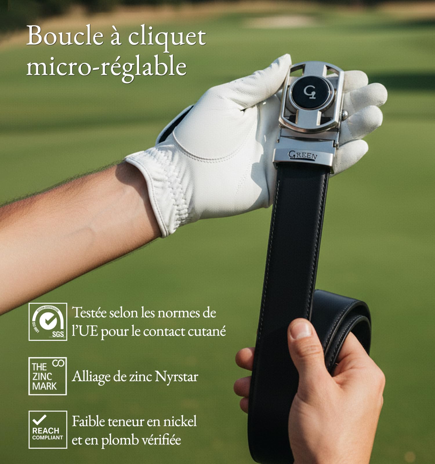Litume GREEN GOLF Ceinture de Golf à Cliquet – Design Sans Trou, Boucle Micro-Réglable avec Marqueur de Balle Magnétique en Émail