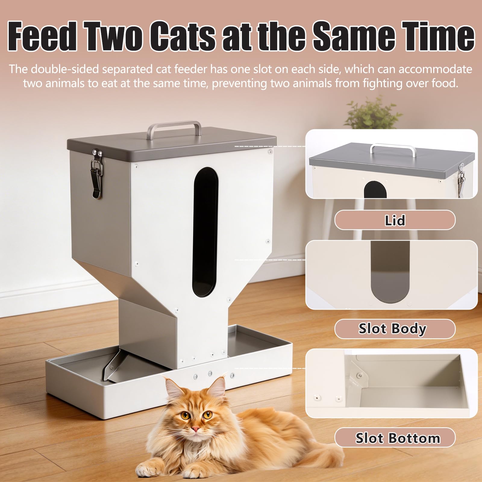 Comedero automático para gatos para 2 mascotas, 12 L de metal para mascotas, dispensador de comida seca con doble embudo, gran capacidad, gravedad, comedero para perros y gatos