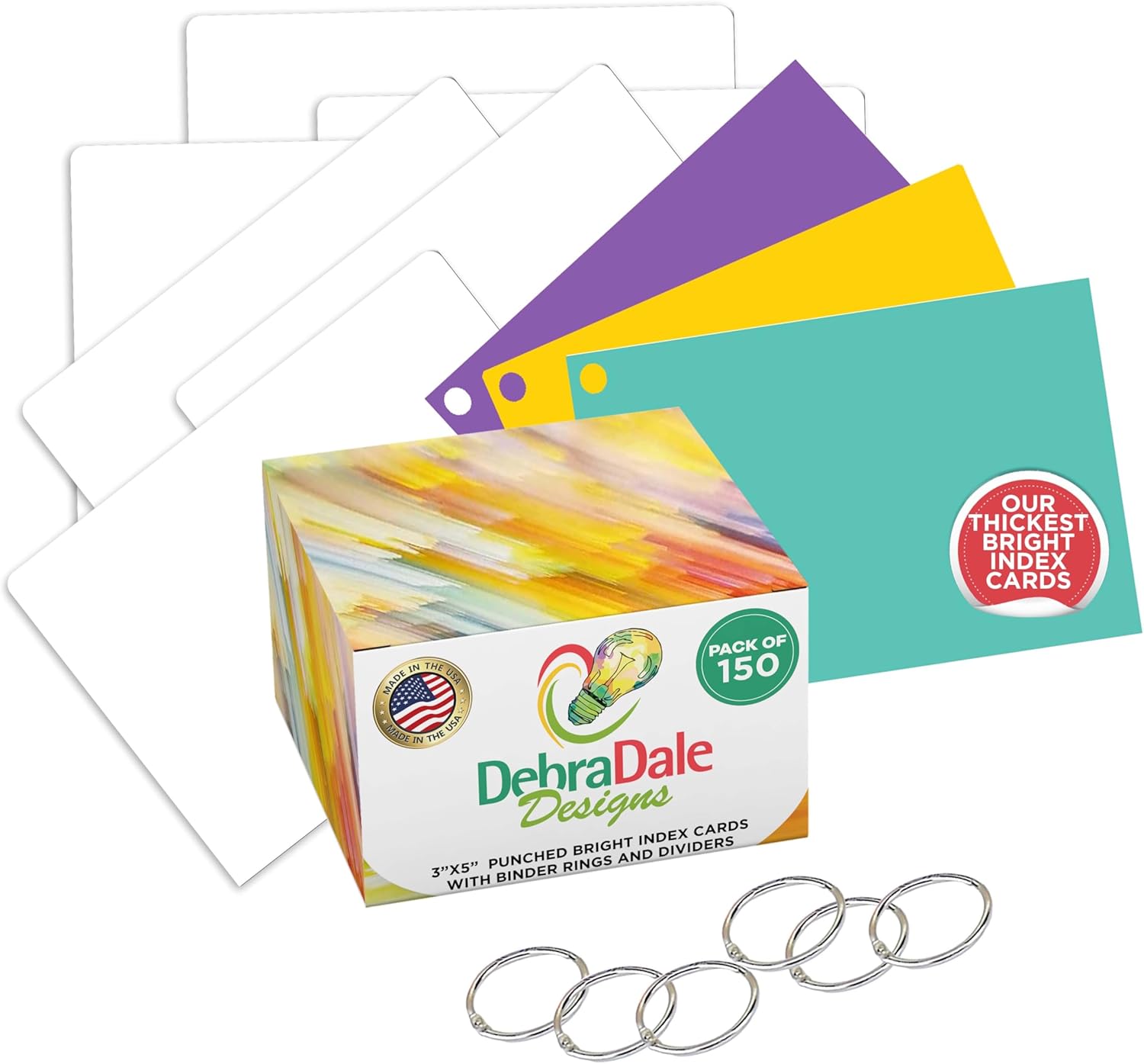 Debra Dale Designs - 3" X 5" Index Cards - Premium Smooth Heavy 100# Cardstock - 50 Each Of 3 Bright Colors - Blue, Yellow, Purple - Hole Punched With 6 Rings - Storage Filing Box - 6 White Dividers