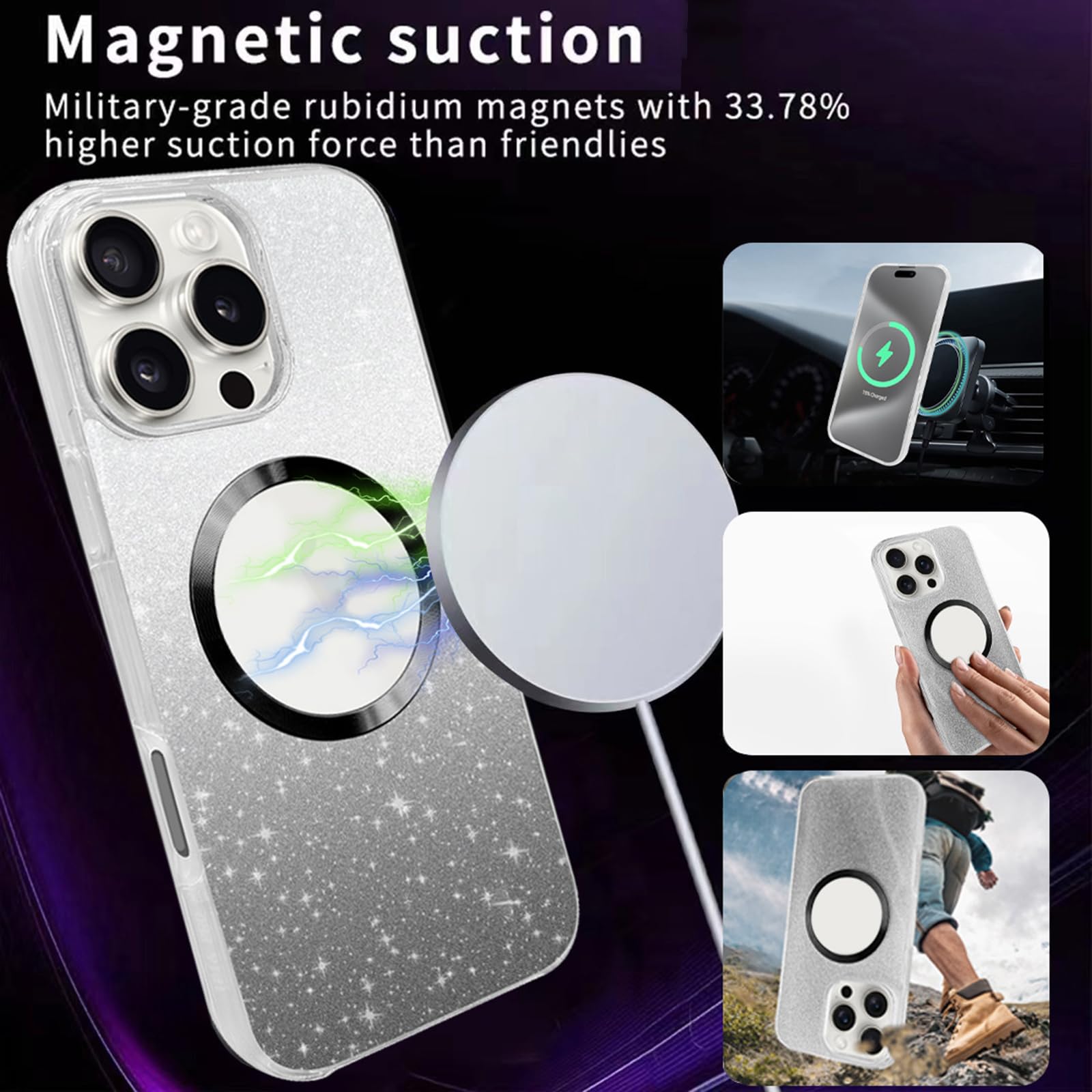 Magnetyczne etui do iPhone'a 16 Pro Max / 16 Pro/16 Plus/16, wbudowana osłona ekranu, brokatowe kryształowe, ochrona telefonu, kolor srebrny, rozmiar 16 Plus