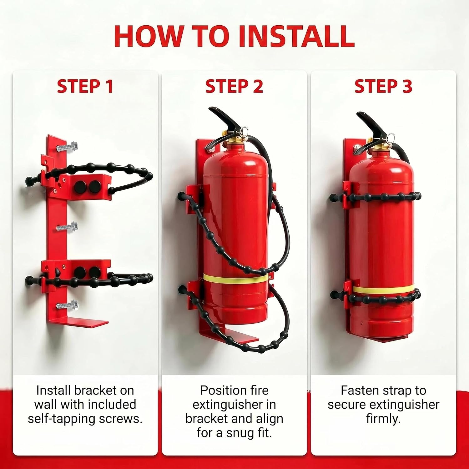 Fire Extinguisher Mount Bracket for 2.5 & 5lb, Holder for Home Office Truck | Heavy-duty steel fire extinguisher mount with adjustable rubber straps for a secure, rattle-free fit in boats, garages, RVs