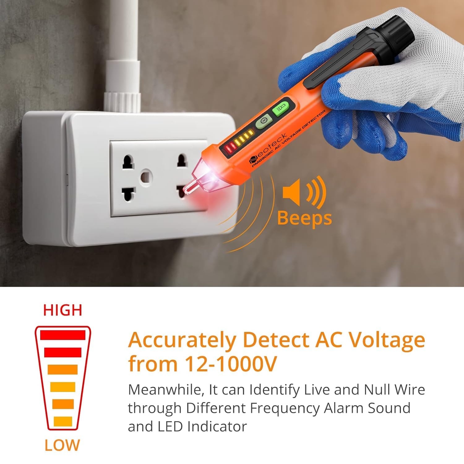 Neoteck bezdotykowy tester napięcia 12 – 1000 V AC tester napięcia długopis narzędzie z latarką LED Piepser klips kieszonkowy