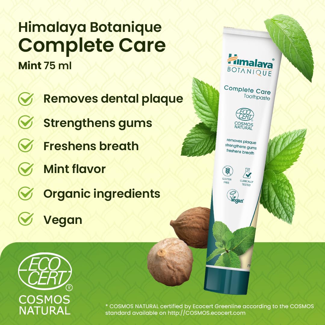 Himalaya Botanique Plak Karşıtı Komple Bakım Diş Macunu 75ml | Ecocert Cosmos Sertifikalı | Organik Aktif, Nane Aromalı | Florür ve Gluten İçermez (2 paketi)