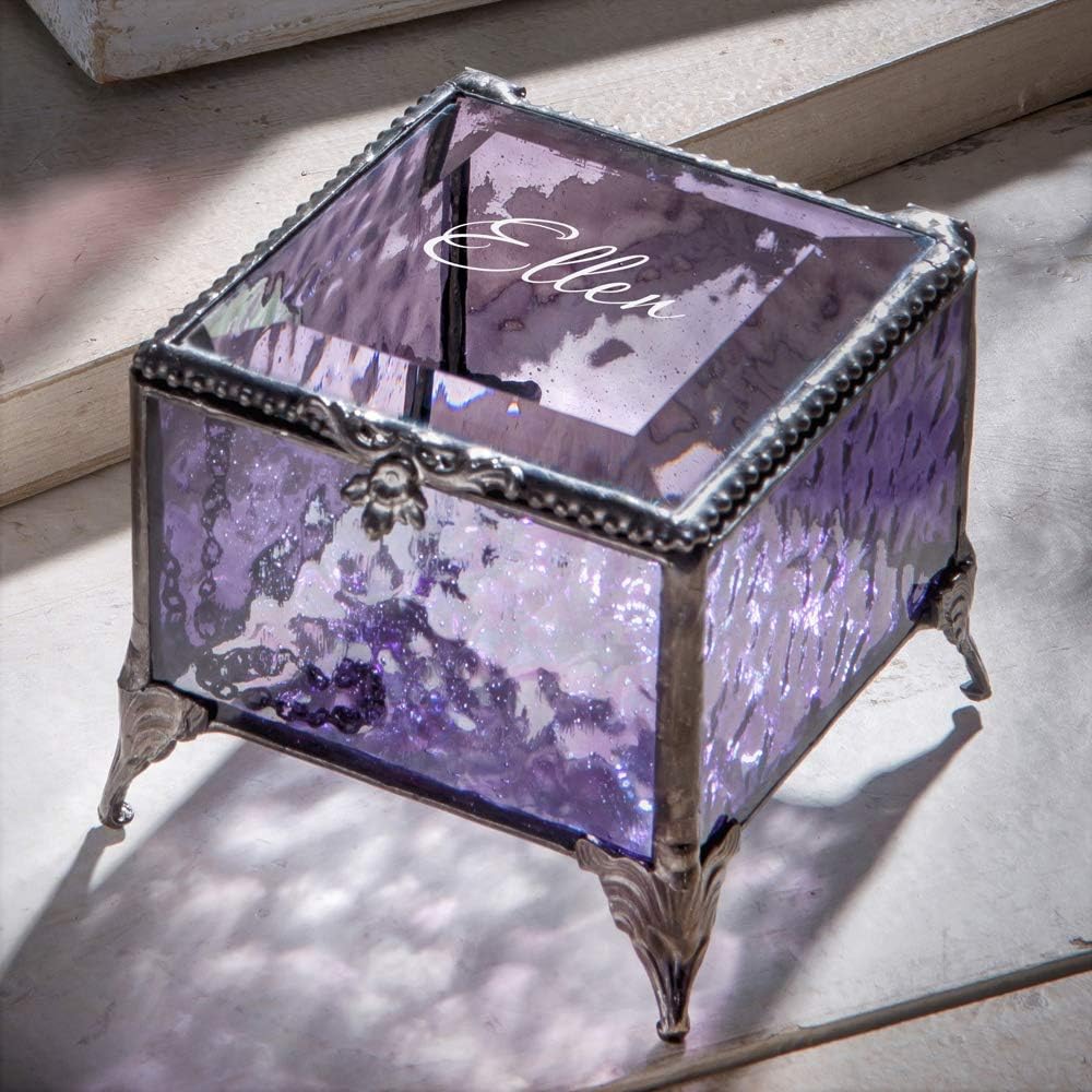 J Devlin Glass Art Personalized Purple Stained Glass Keepsake Box, Engraved Glass Jewelry Box, Memory Box with Lead-Free Solder, Holds Up to 12 Characters
