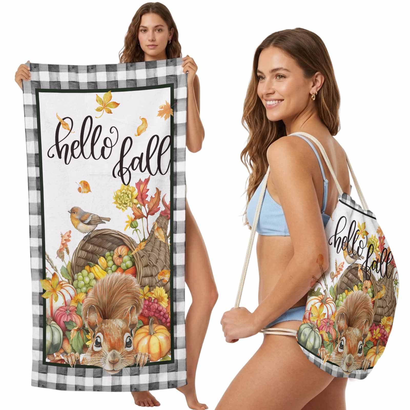 FWJZDSP 2-in-1 Beach Towel Backpack,Thanksgiving Pumpkin Squirrel Bath Towel with Built-in Storage Farmhouse Maple Leaf Convertible Foldable Beach Blanket for Travel Pool Gym Camping Swim,31x63in