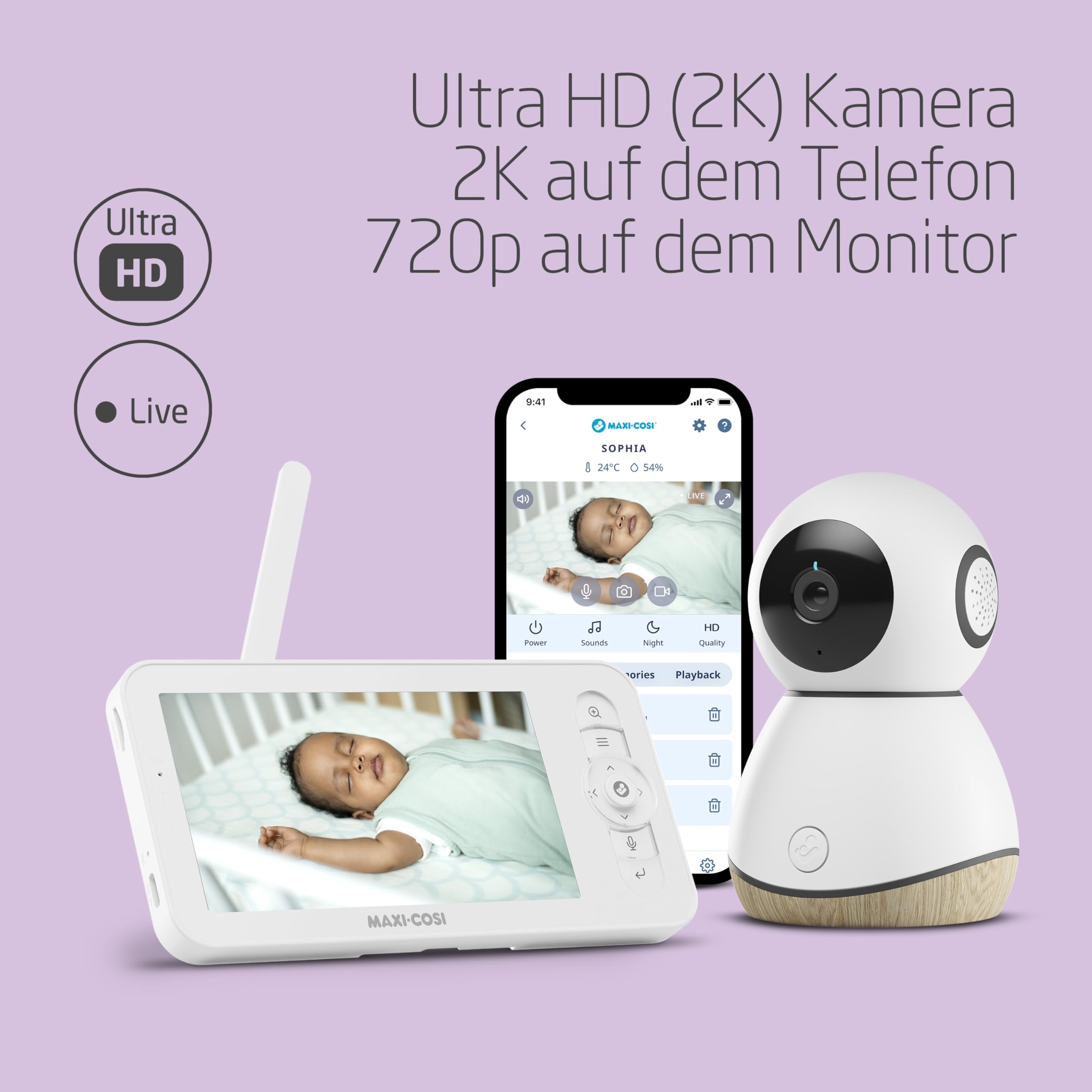 Maxi-Cosi See Pro Babyphone, mit Kamera Handy, Babyphone Kamera, Schreiübersetzer, automatische Bewegungserkennung, Ultra-HD (2K) Video, 5" Bildschirm, Teil von Maxi-Cosi Connected Home