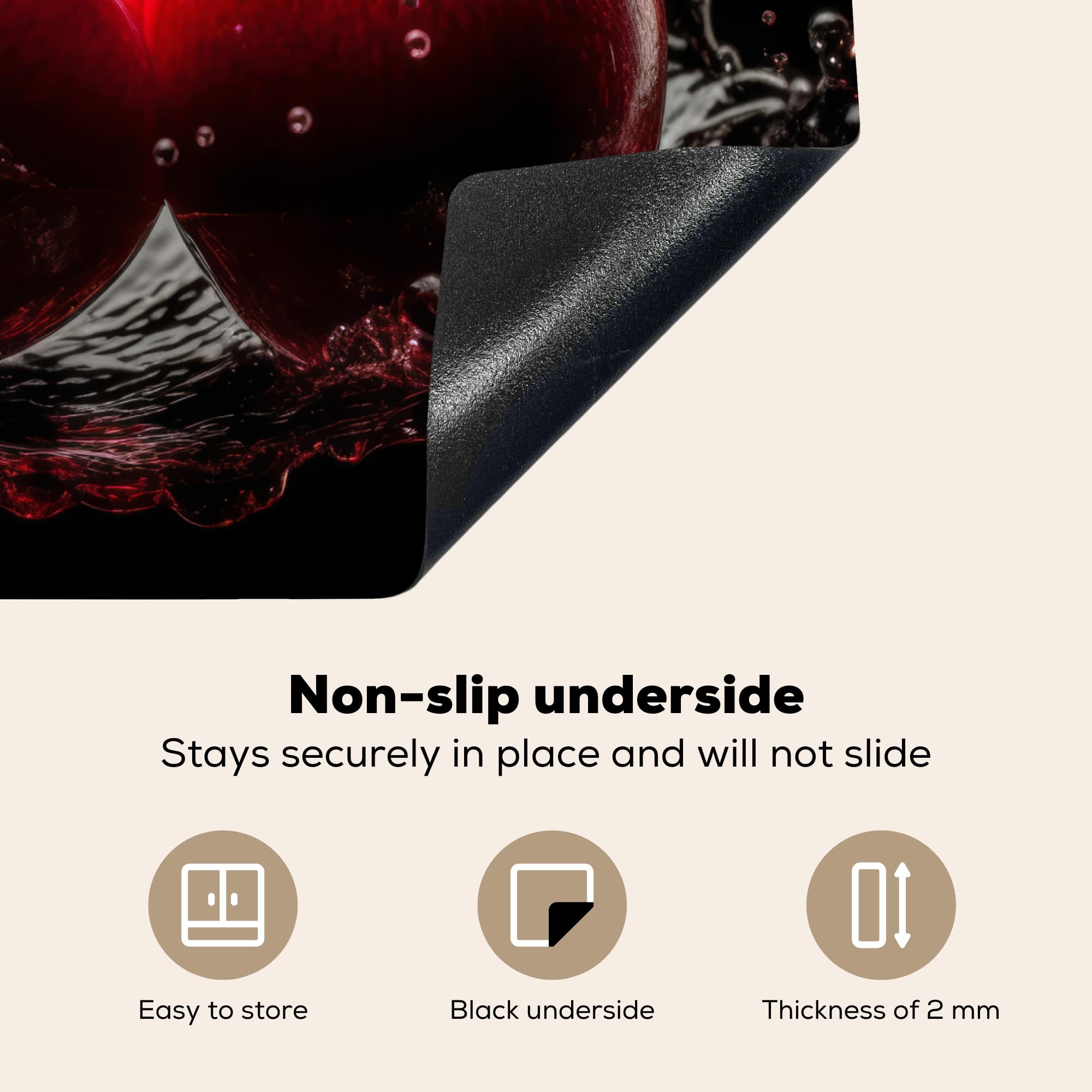 KitchenYeah© Inductie Beschermer 60x52 cm Keuken Decoratie Kookplaat Beschermer voor Inductiekookplaat Afdekplaat Anti Slip Mat - Water - Fruit - Sinaasappel - Aardbei - Kers - Zwart