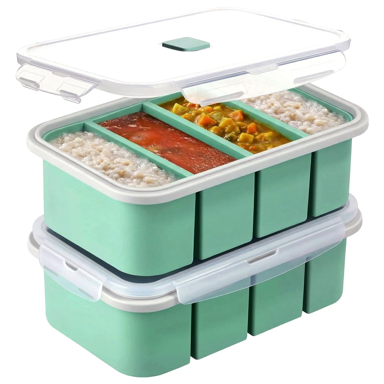 2-Pack Silicone Freezer Moulds - 1000ML Soup Cube Silicone Freezer Tray with Lid, Each 4-Compartment, Ice Cube Tray Makes 8 1-Cup Portions Cubes, Meal Prep Freezer Cubes for Storage Food Soups (Green)