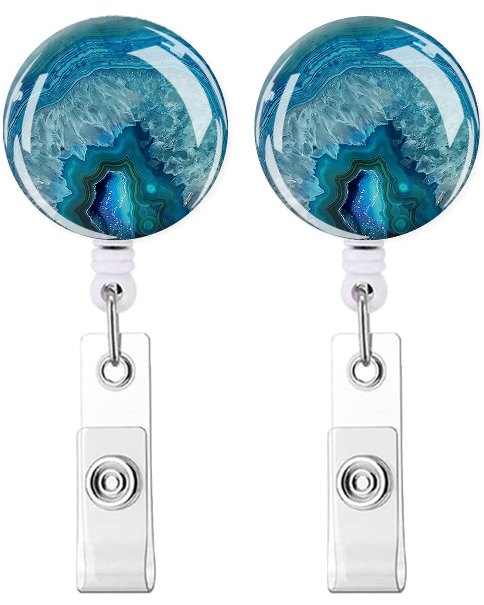 IAMRAVER 2 Pack Retractable Badge Holders Cute Badge Reel Badge Clip ID Card Holders for Student Office Worker Doctor Nurse Teacher(Blue Geode Marble