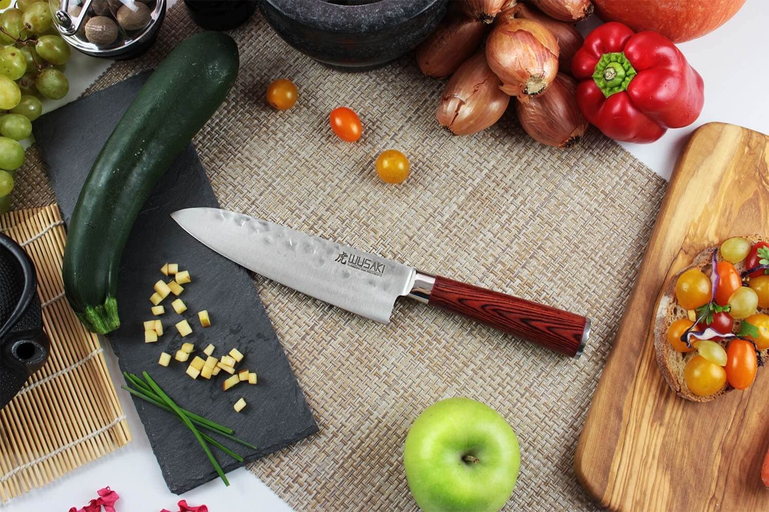 Wusaki - Coffret 3 couteaux de cuisine Pakka lames martelées acier inoxydable allemand X50 bois Pakkawood Santoku + Universel + Office vendu en coffret cadeau