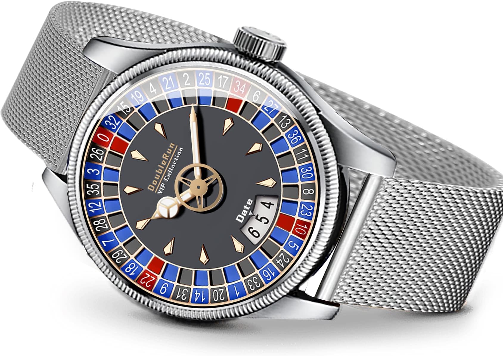 DOUBLERUN Analog Blue Date and Time Display Dial Chain Strap