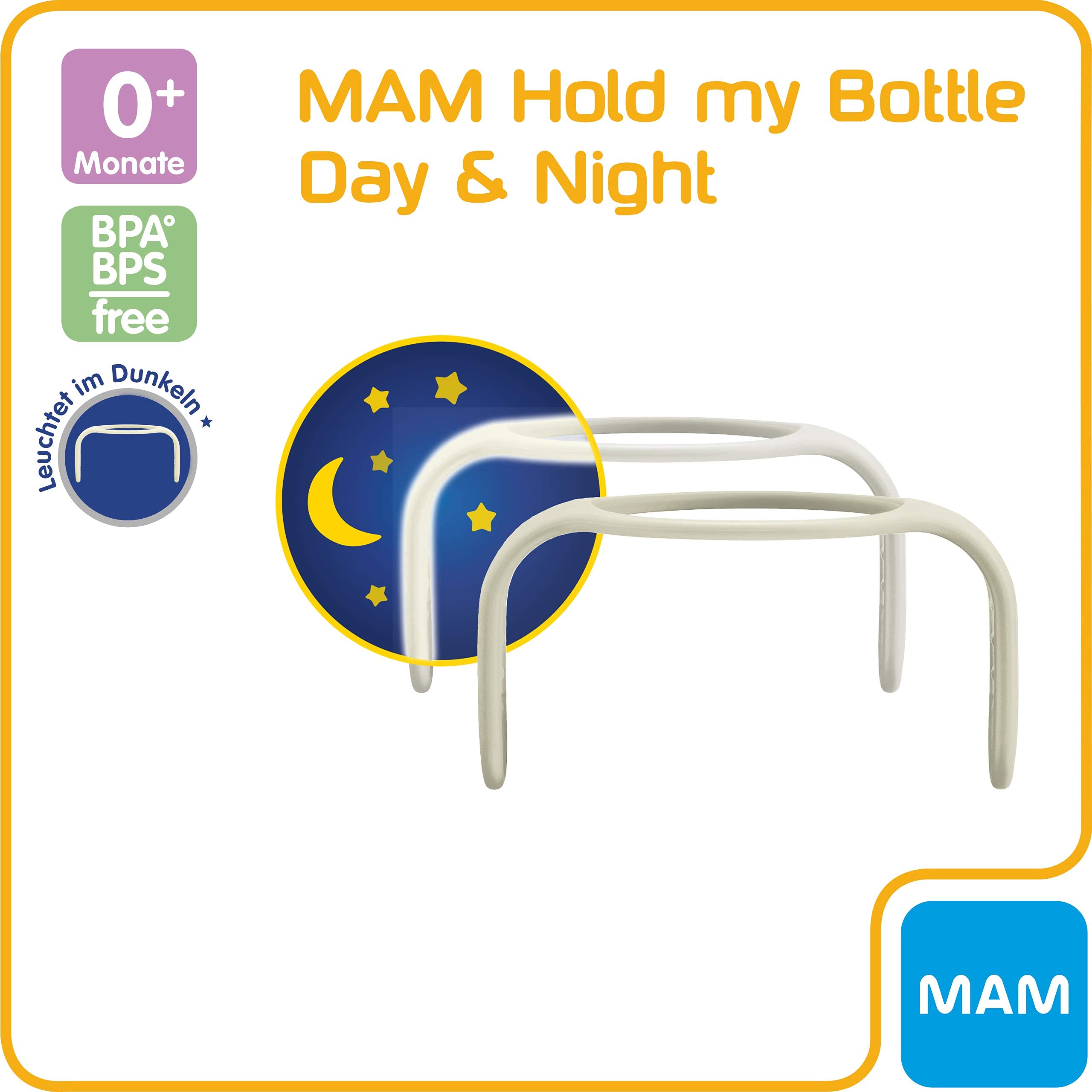 MAM Hold My Bottle Day & Night - Set di 2 Impugnature Antiscivolo e 1 Maniglia Luminosa per Biberon e Trainer, 0 Mesi, Beige