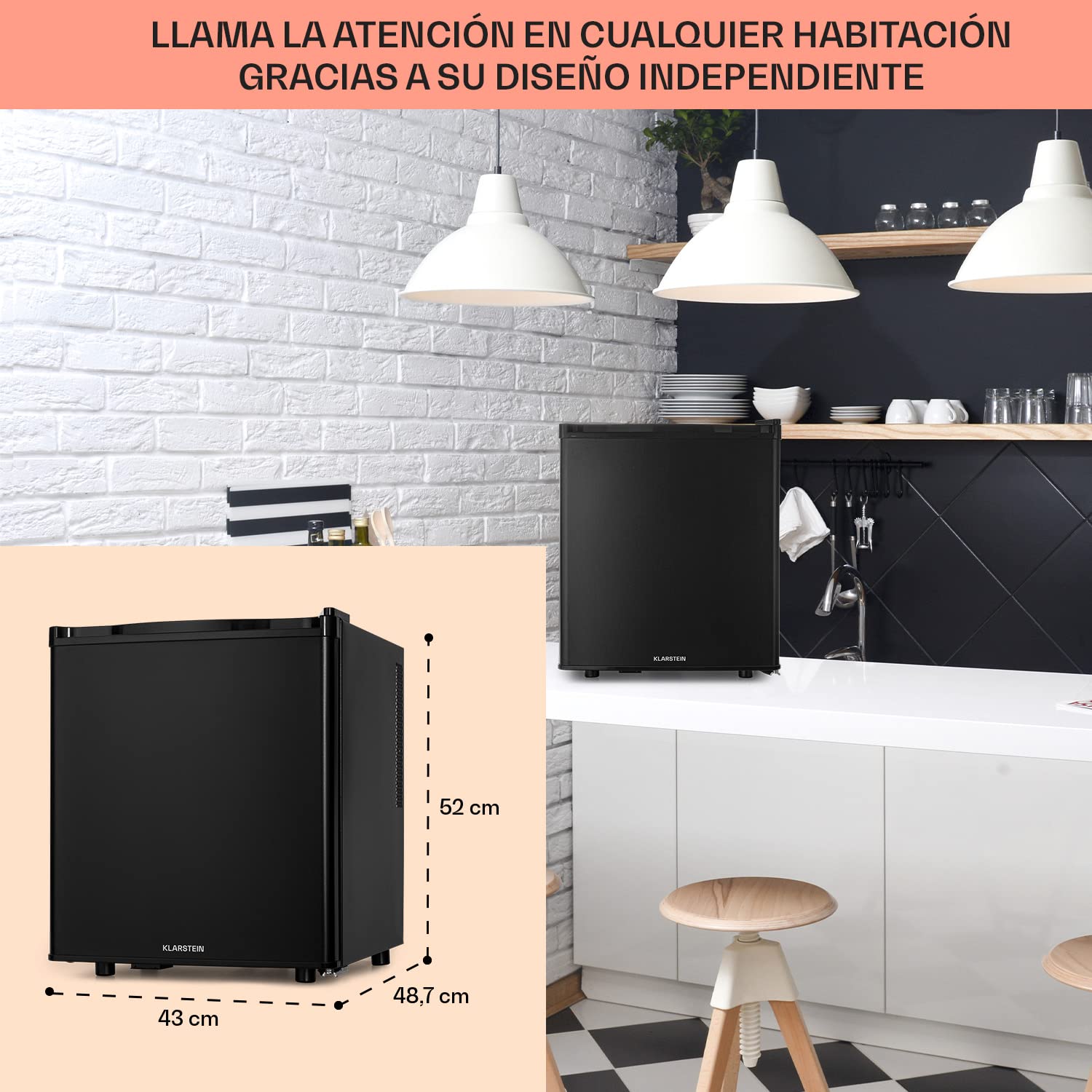 KLARSTEIN Happy Hour Mini Nevera para Dormitorio, Nevera Pequeña para Bebida y Comida, Neveras Pequeñas Iluminación Interior, Estantes Ajustables, para Habitaciones. Oficina, Camping, 6-18°C, 45L — view 6