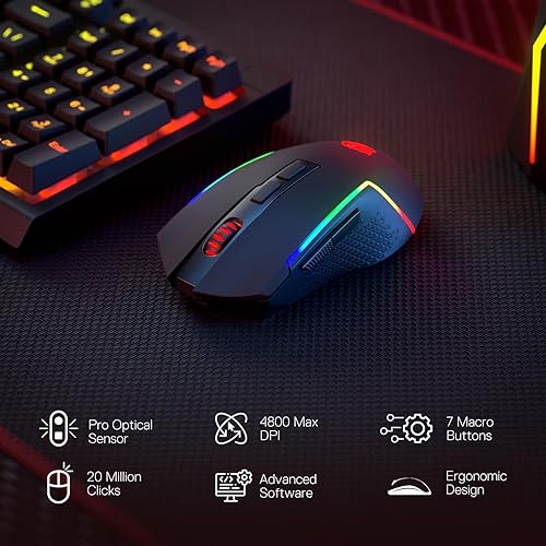 Miniatura 3 de Redragon S142 Combo de teclado y mouse inalámbricos para juegos, teclado de membrana RGB K515 PRO de 98 teclas y mouse inalámbrico de 4800 DPI