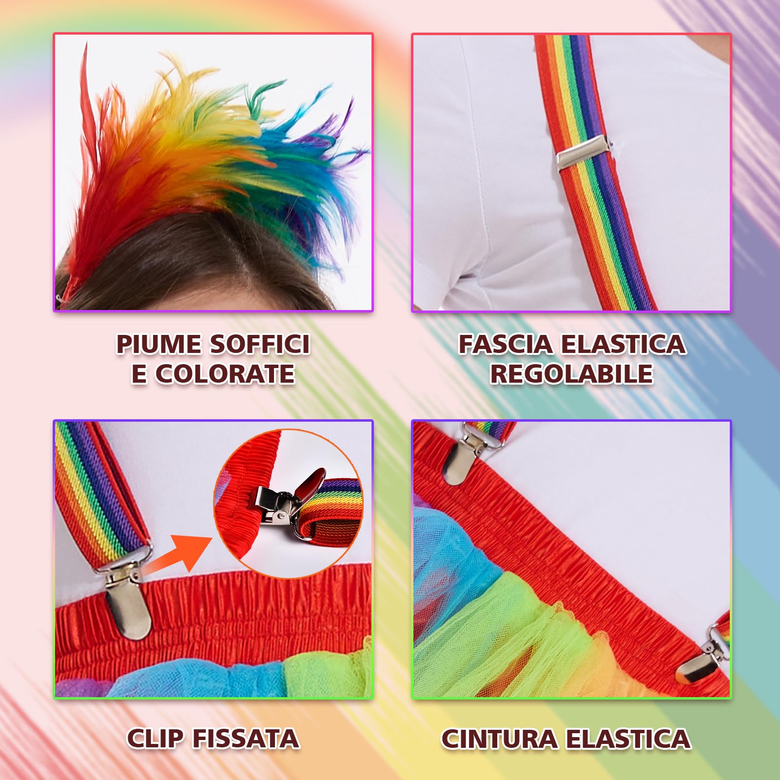 Joellfuner Gonna Arcobaleno Donna, Gonna Tulle Colorata Donna, Anni 80 Vestiti e Accessori con Tutu, Bretelle, Copricapo di Piume Colorate, Costume carnevale donna, Sfilata Dell'arcobaleno