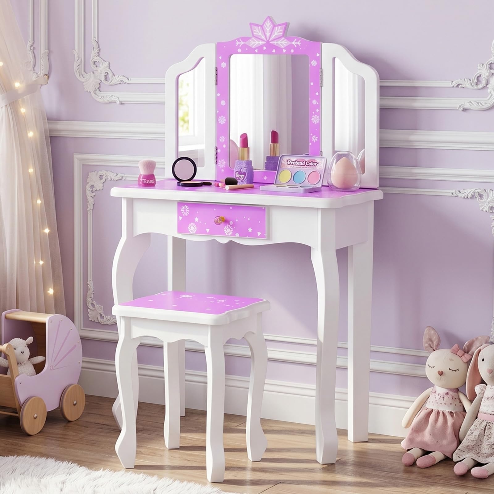 Amazon.com: JOYMOR Kids Vanity Set, Wooden Princess Makeup Table